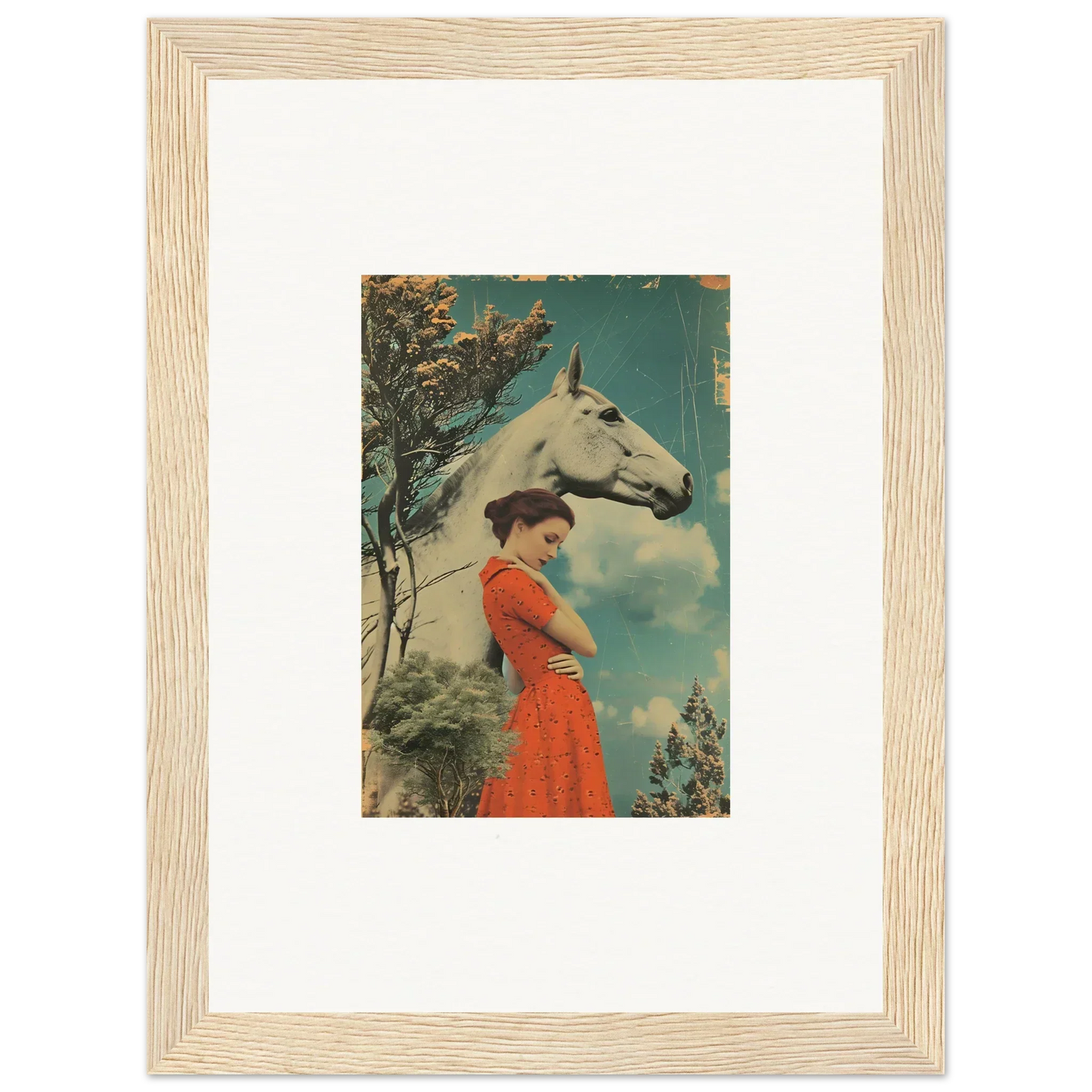 Framed art of a woman in a red dress with a white horse, Nebulous Equus Whisper