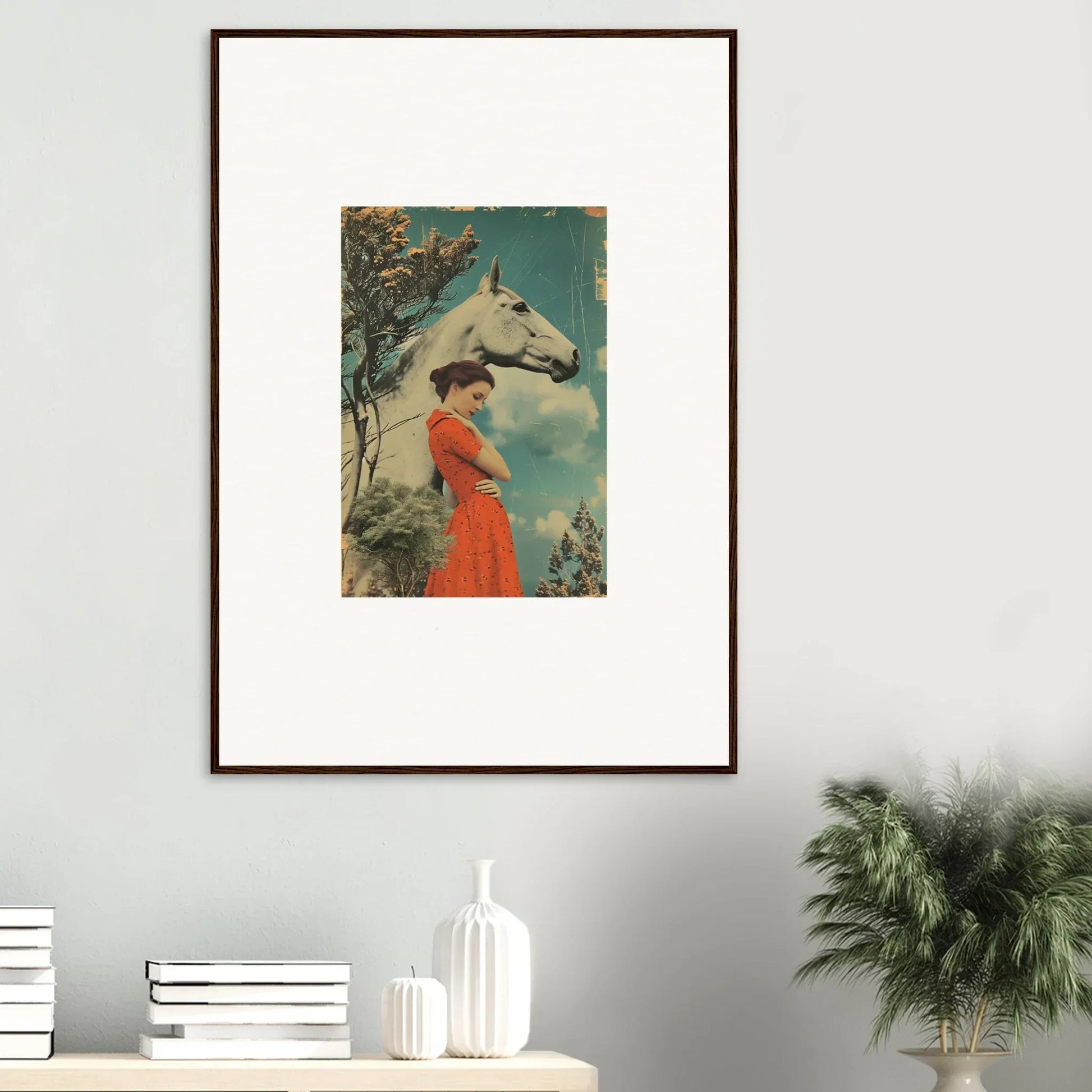 Framed vintage artwork of a woman in a red dress with a white horse, Nebulous Equus Whisper