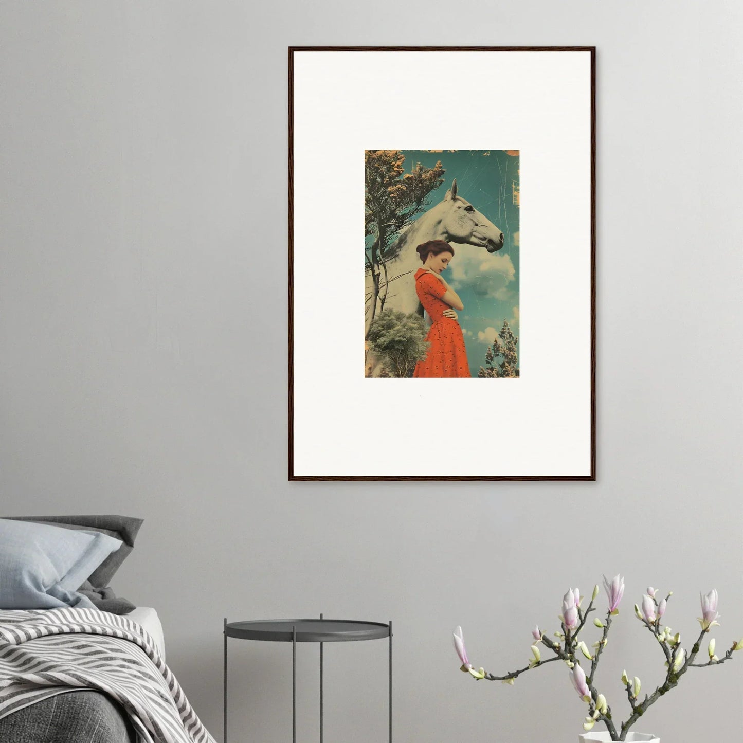 Framed vintage artwork of a woman in a red dress beside a horse, Nebulous Equus Whisper