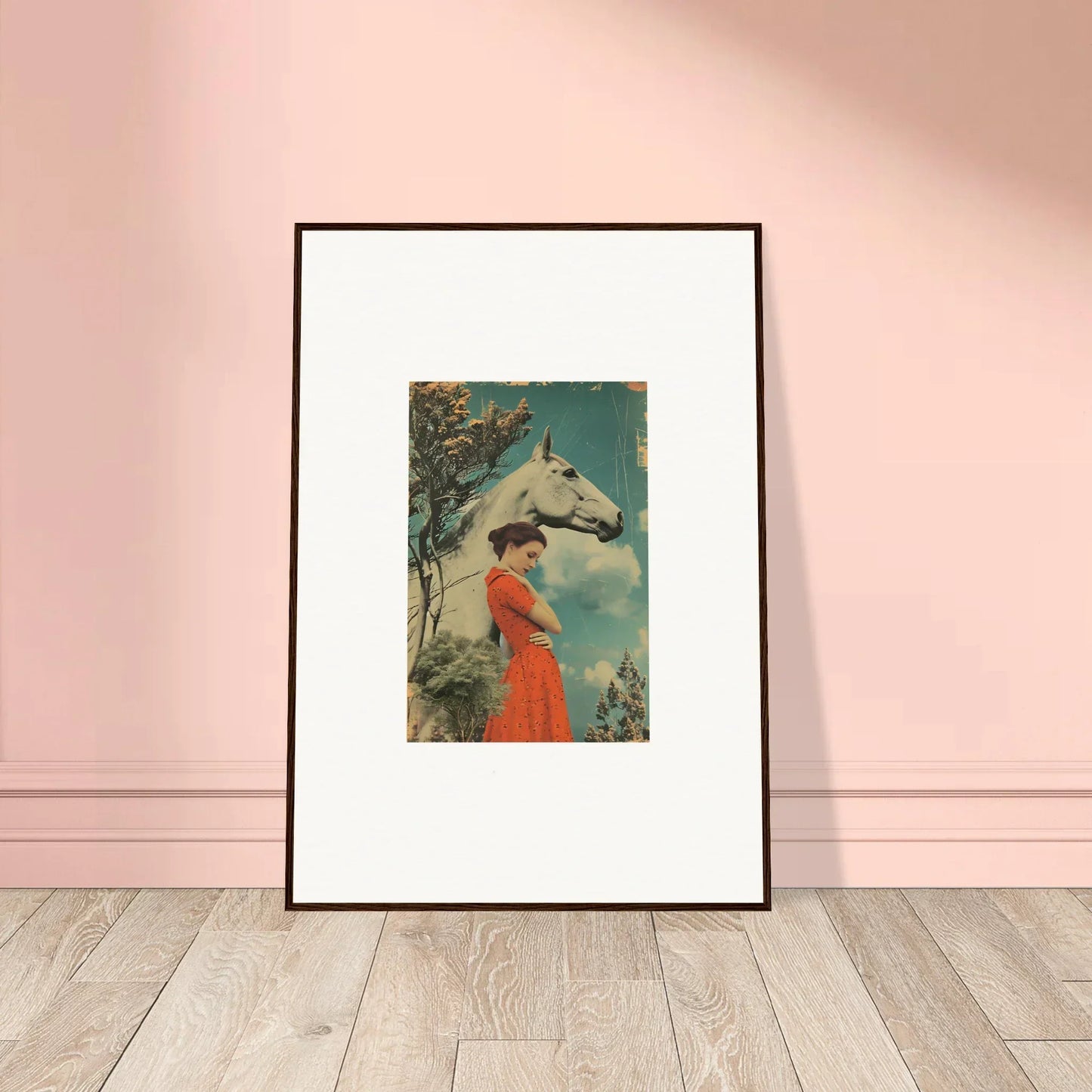 Framed vintage artwork from Nebulous Equus Whisper featuring a person in a red dress by a white horse