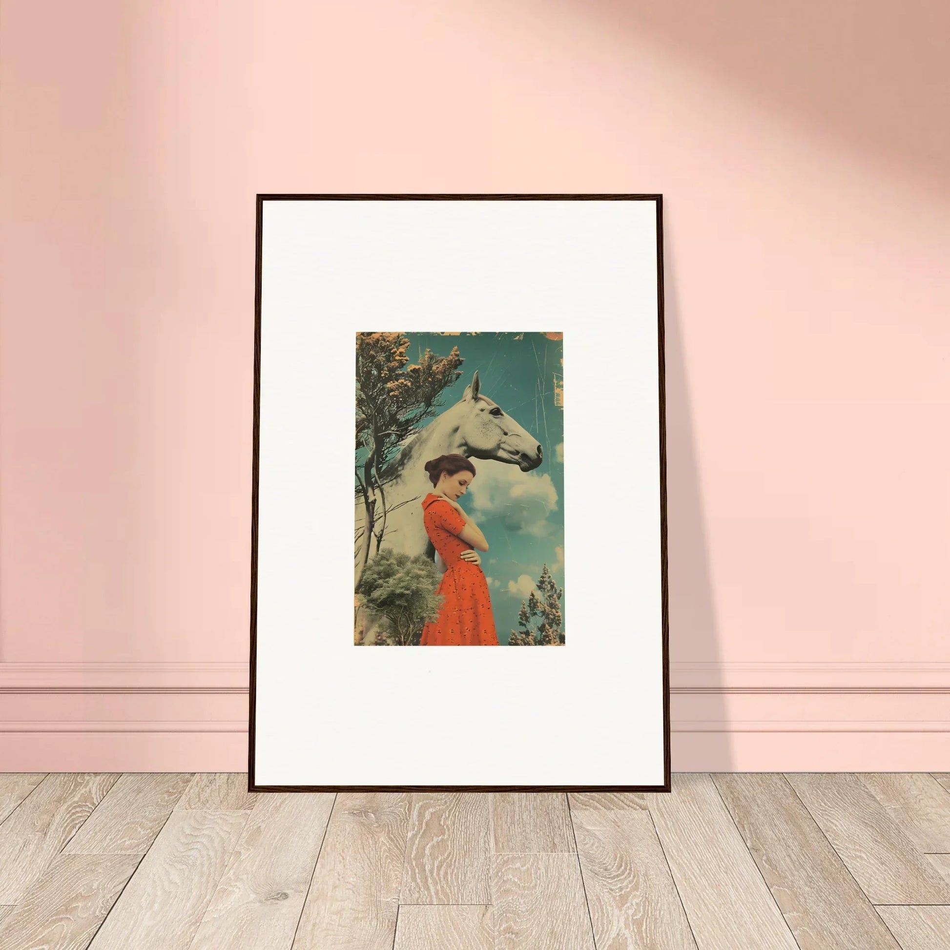 Framed vintage artwork from Nebulous Equus Whisper featuring a person in a red dress by a white horse