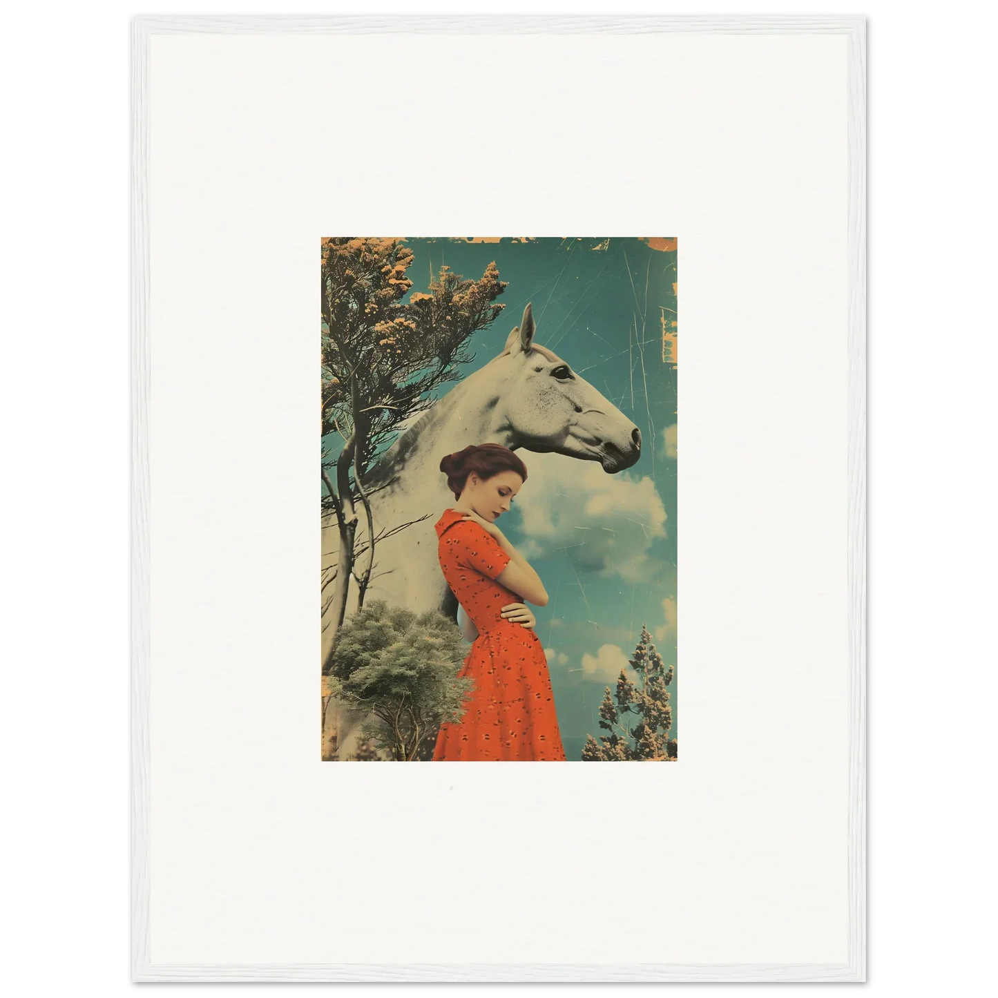 Vintage-style collage of a woman in a red dress with a white horse’s head, Nebulous Equus Whisper