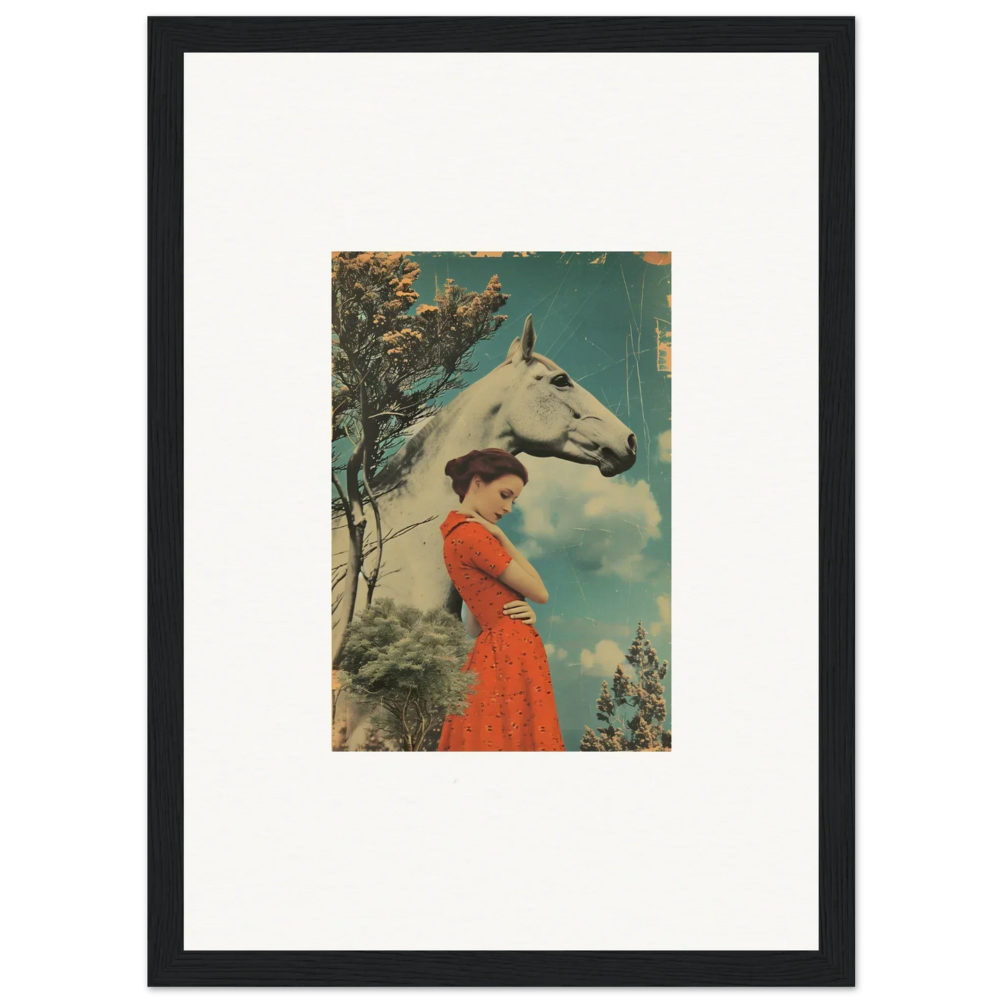 Framed vintage artwork of a woman in a red dress with a horse, Nebulous Equus Whisper
