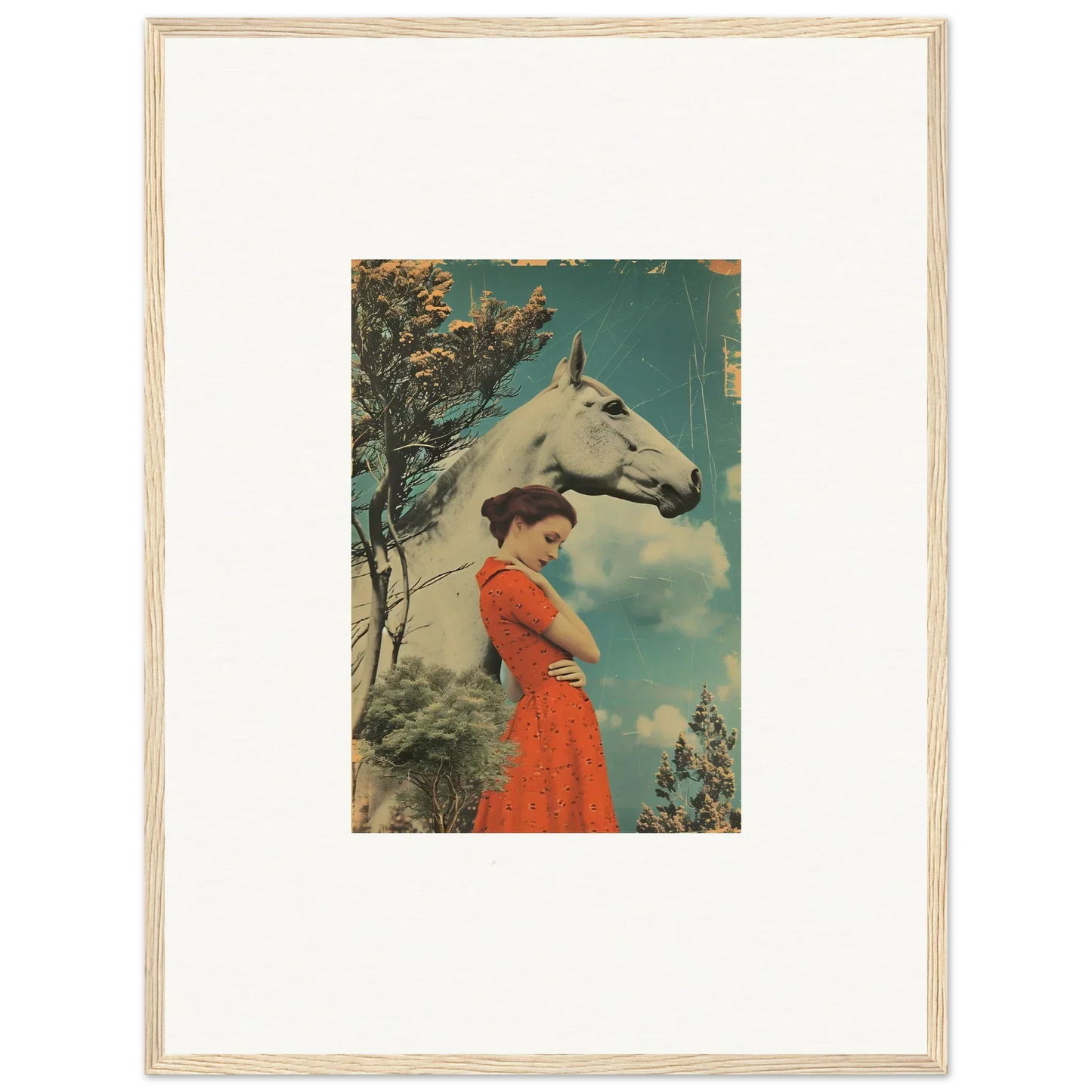 Framed artwork of a woman in red next to a horse, perfect for Nebulous Equus Whisper