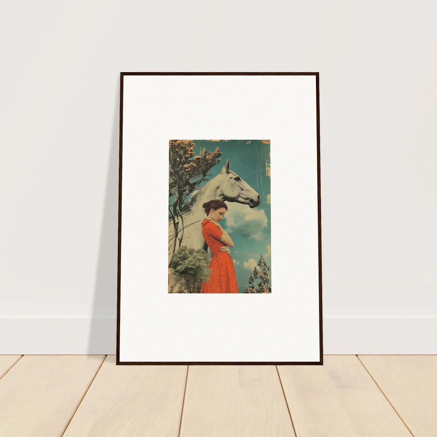 Framed vintage print of a woman in a red dress with a horse, Nebulous Equus Whisper