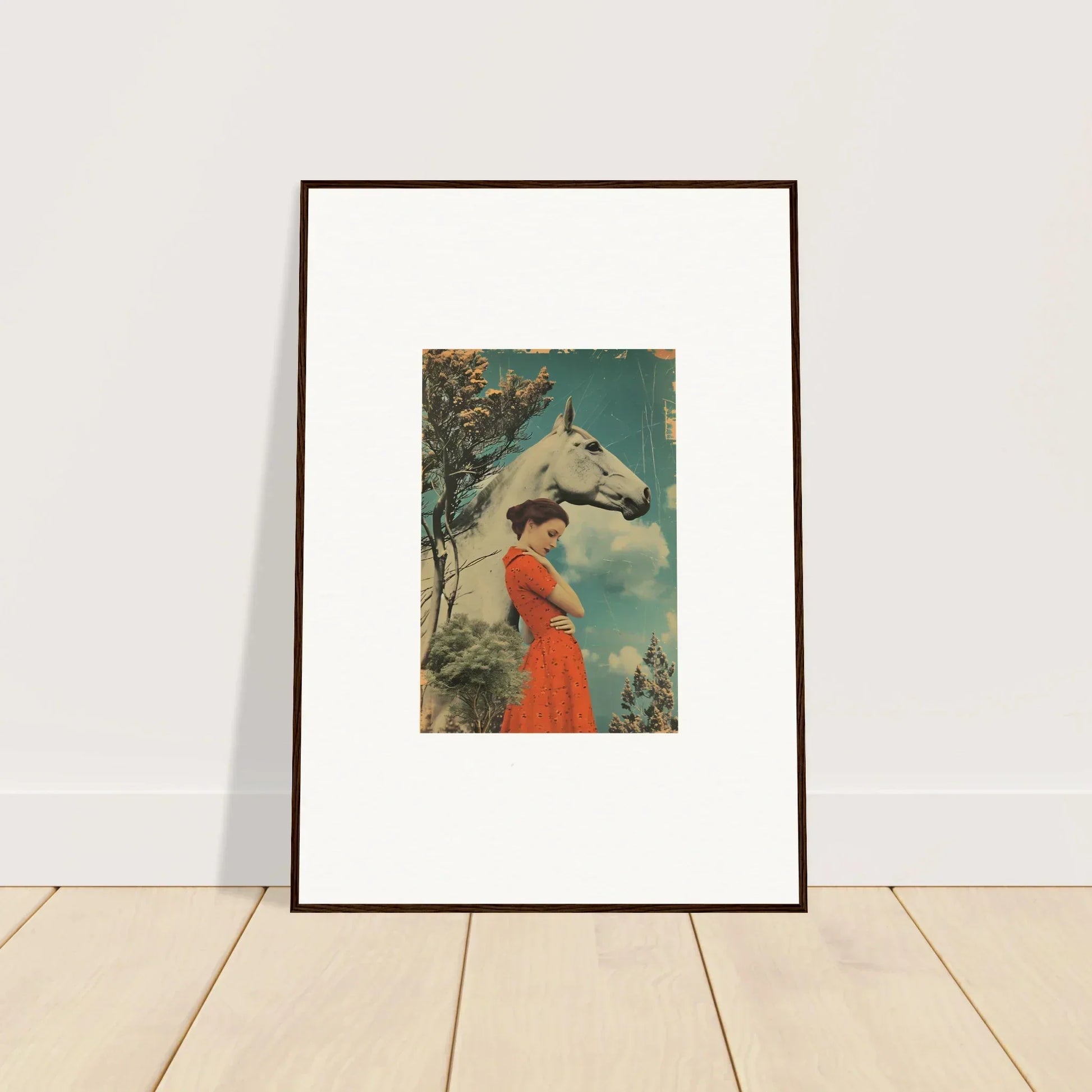 Framed vintage print of a woman in a red dress with a horse, Nebulous Equus Whisper