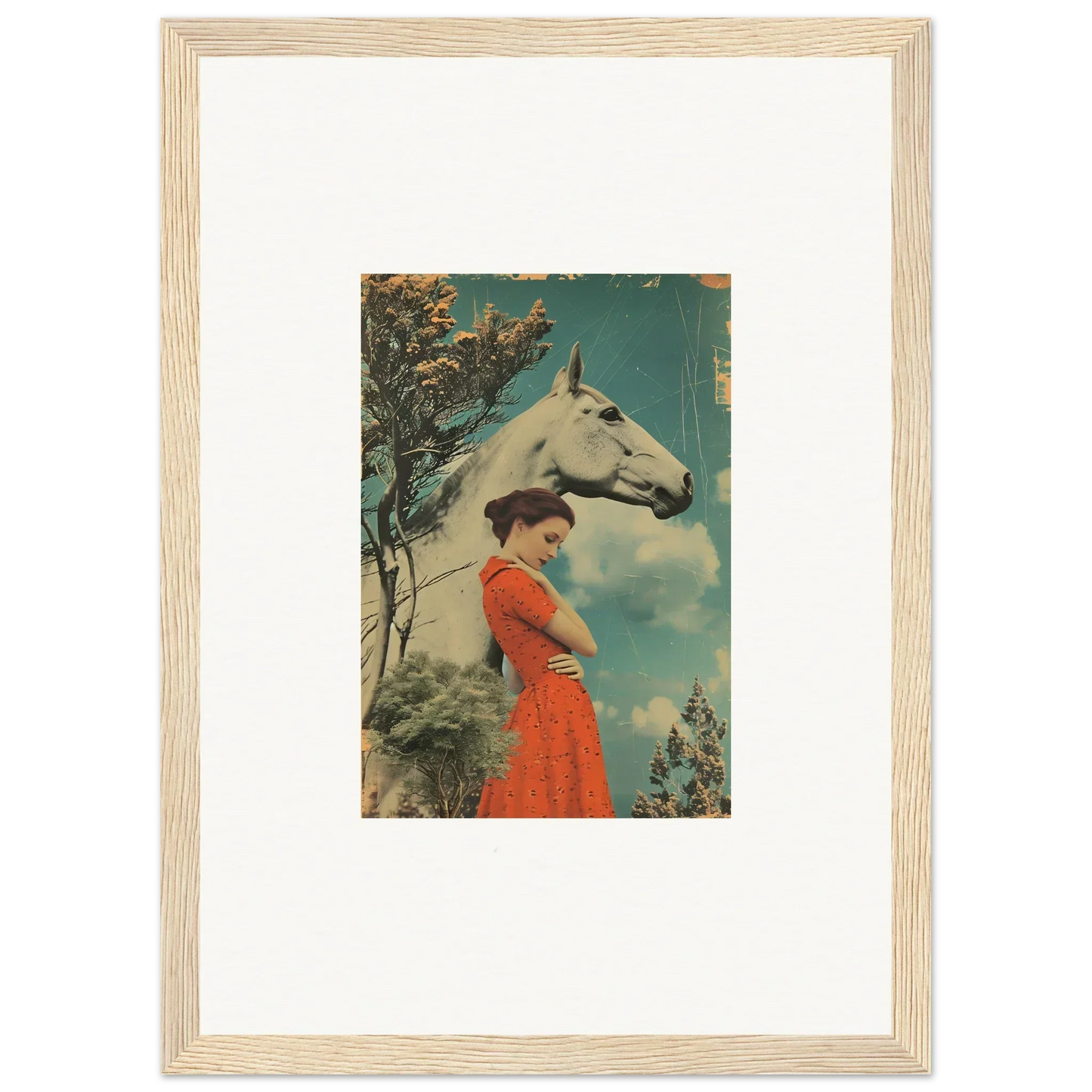Framed artwork of a woman in a red dress with a white horse, Nebulous Equus Whisper