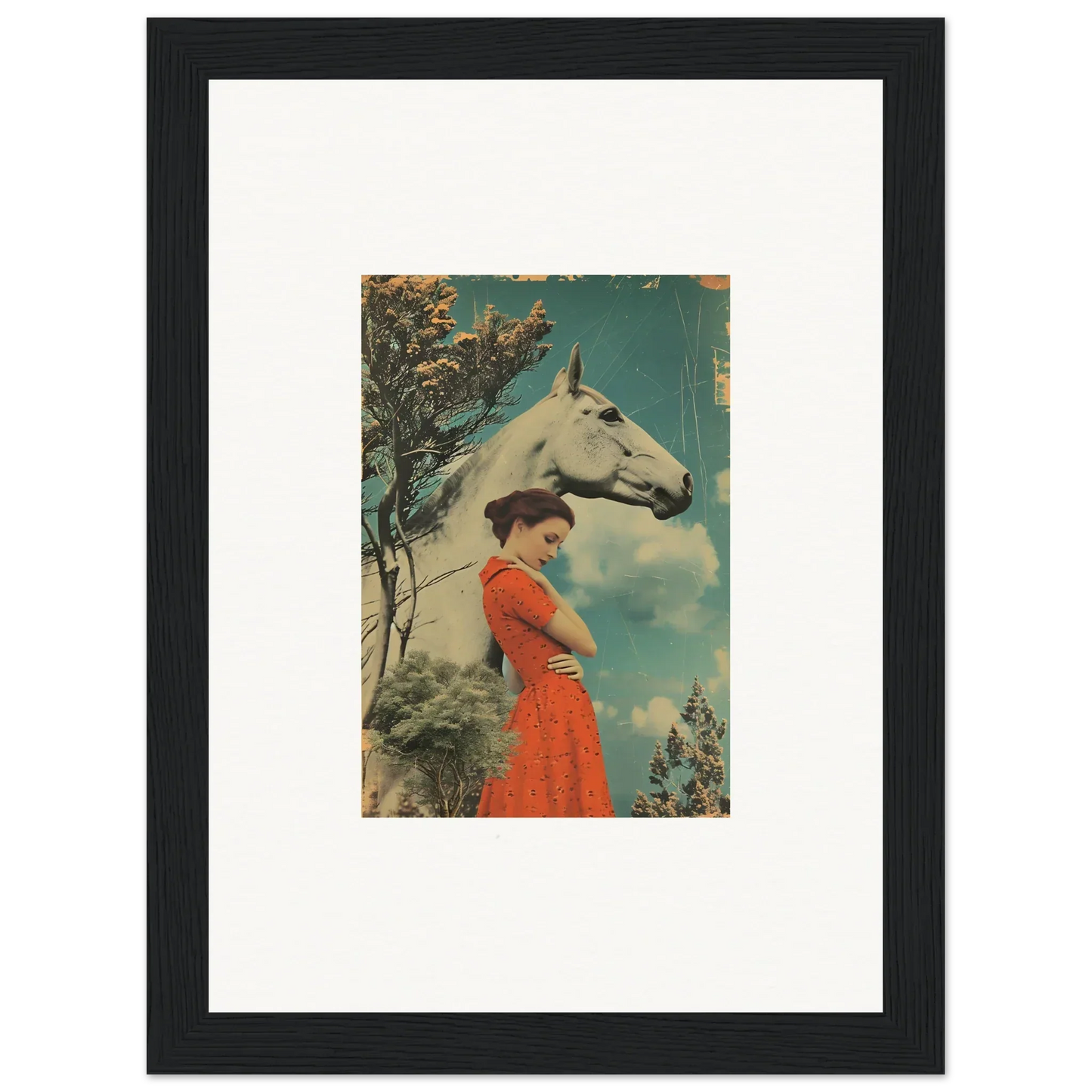 Framed vintage artwork of a woman in a red dress with a white horse, Nebulous Equus Whisper