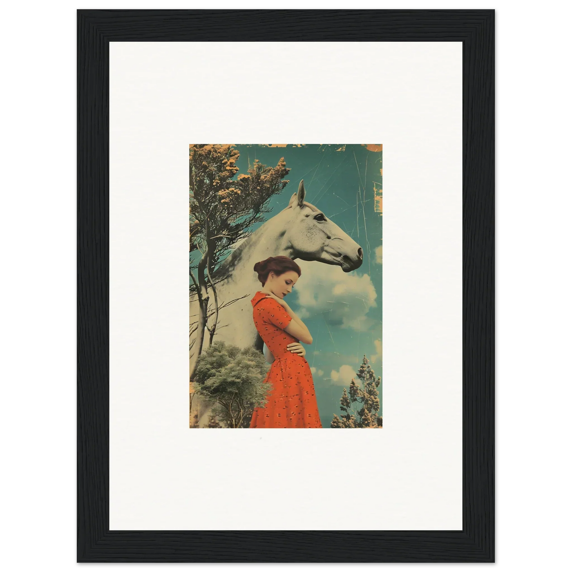 Framed vintage artwork of a woman in a red dress with a white horse, Nebulous Equus Whisper