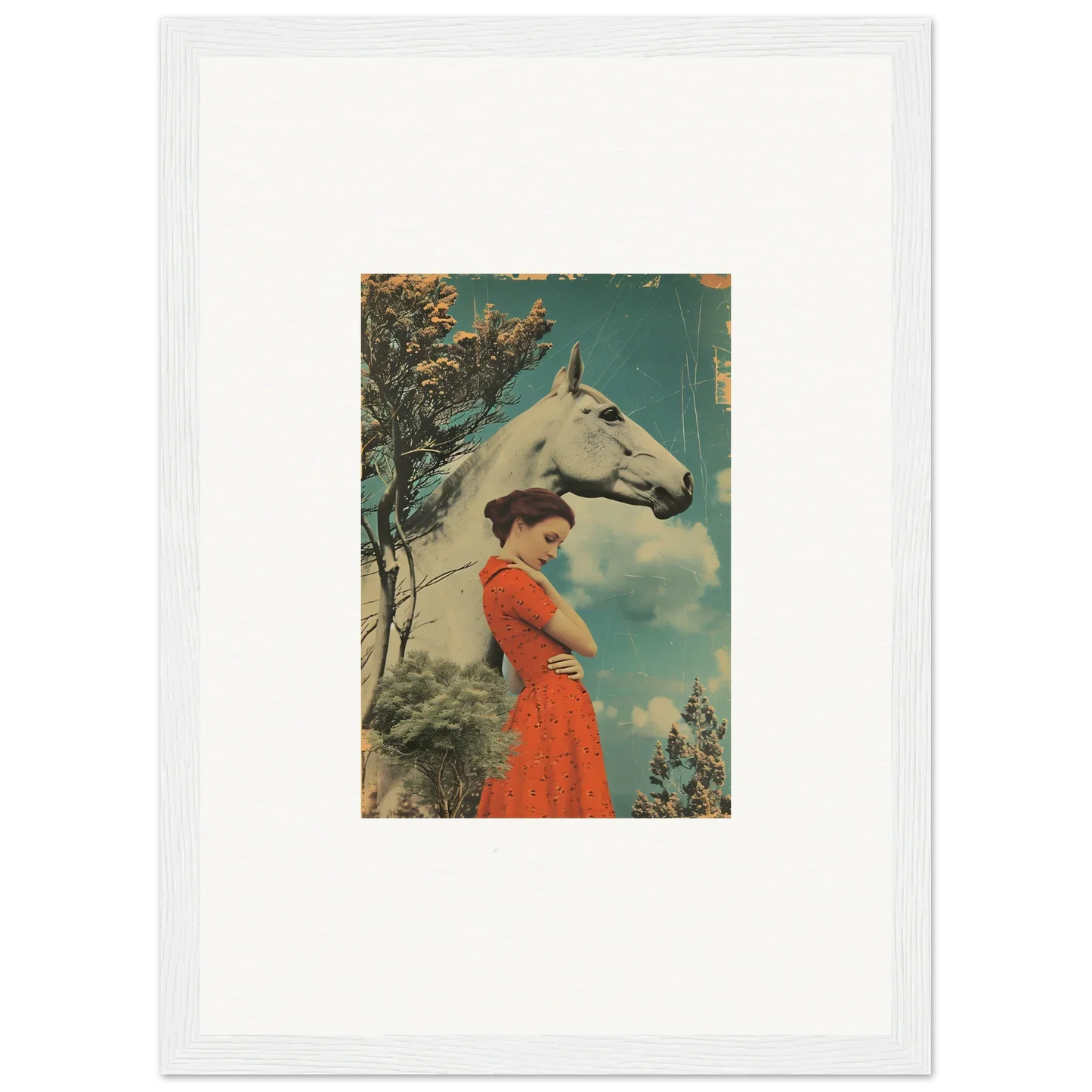 Framed vintage artwork of a woman in red dress with a white horse, Nebulous Equus Whisper