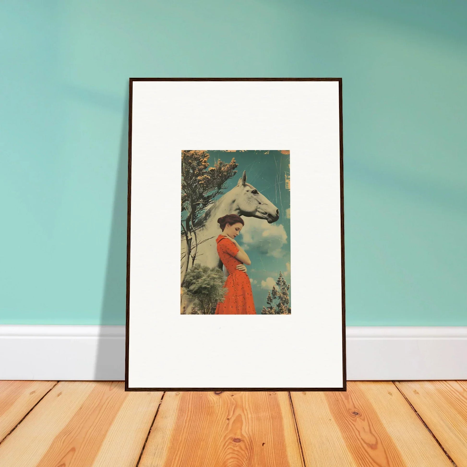 Framed artwork of a woman in a red dress with a white horse for Nebulous Equus Whisper