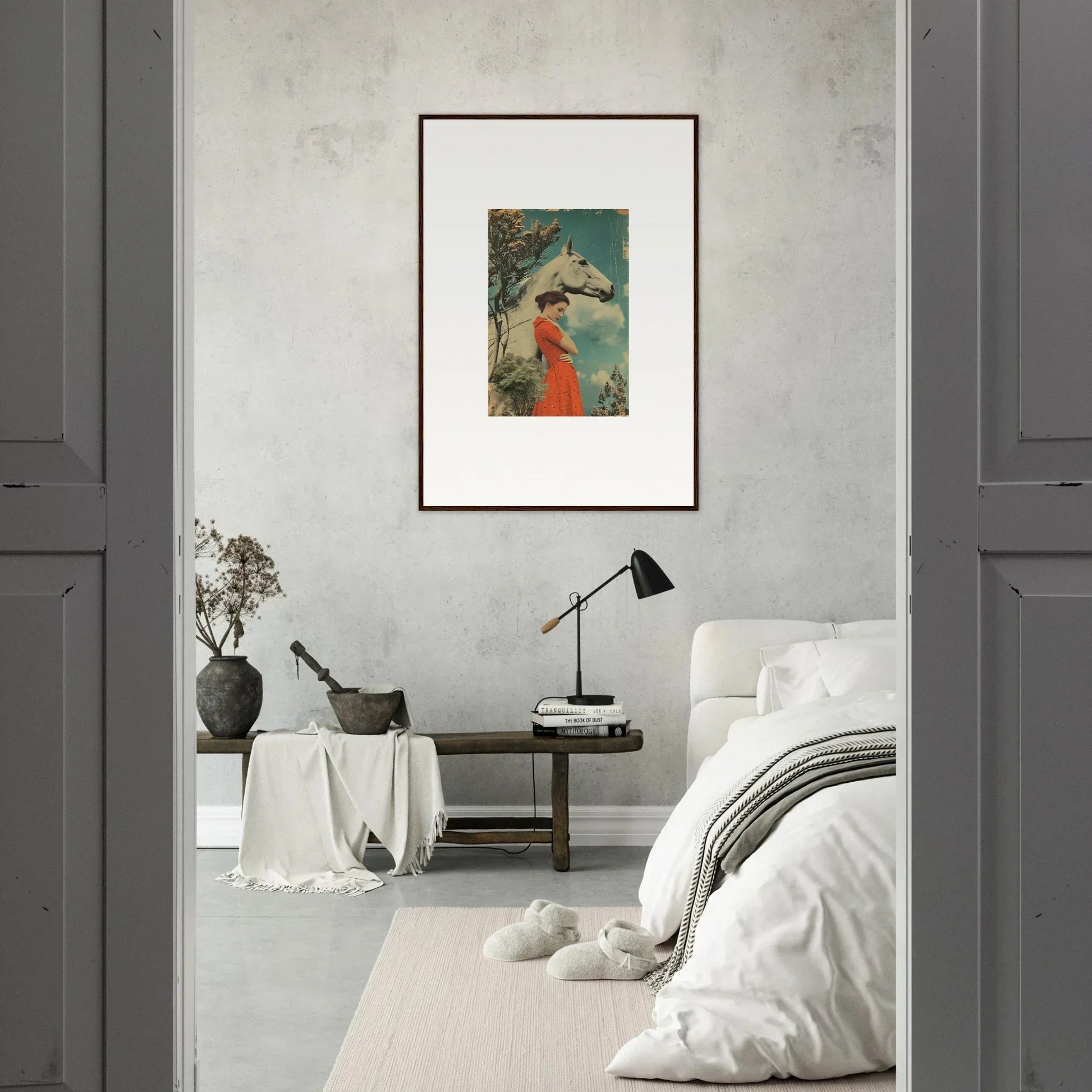 Framed Nebulous Equus Whisper artwork of a person in a red dress with a white horse