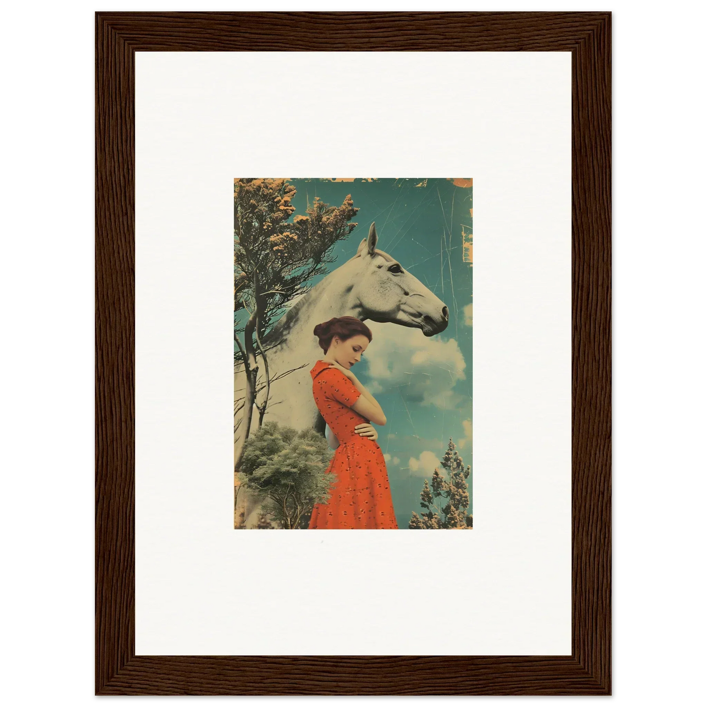 Framed vintage artwork of a woman in a red dress with a horse, Nebulous Equus Whisper