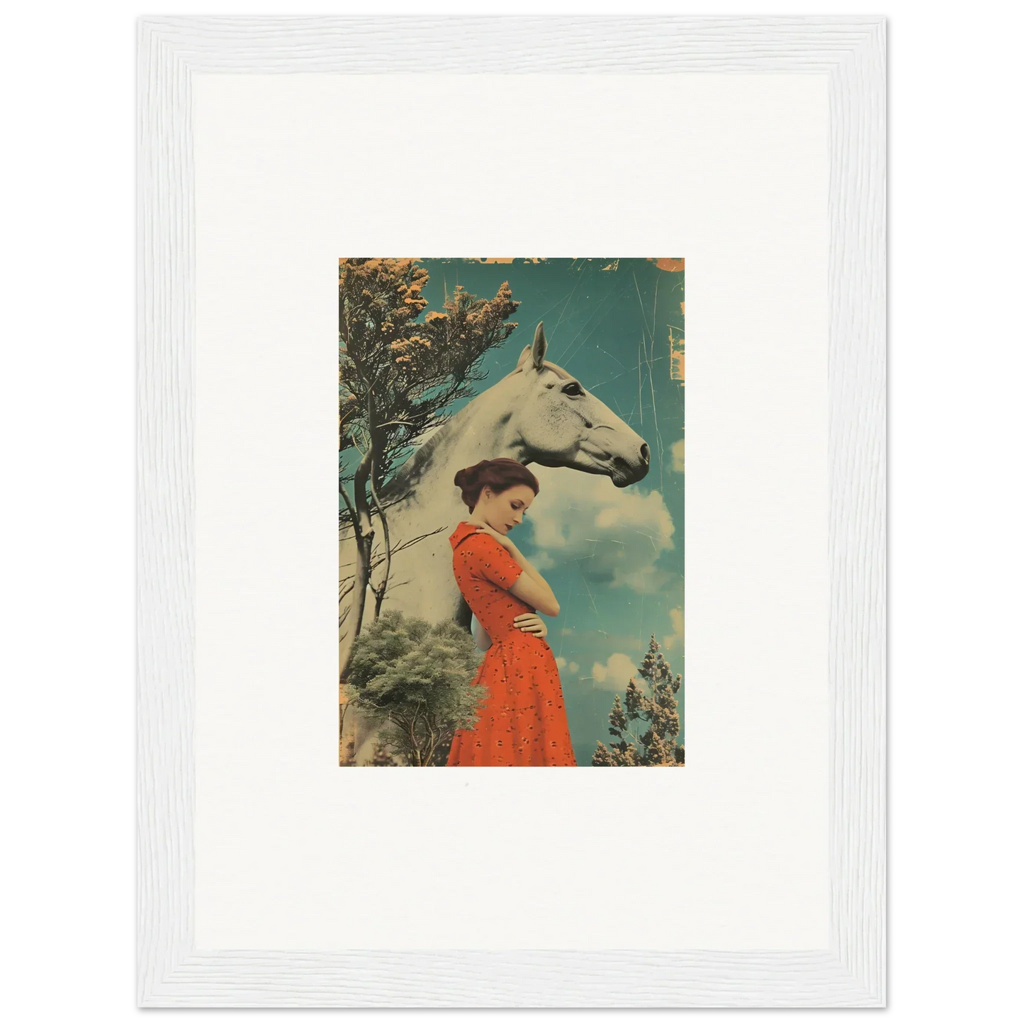 Vintage illustration of a woman in a red dress with a white horse, Nebulous Equus Whisper