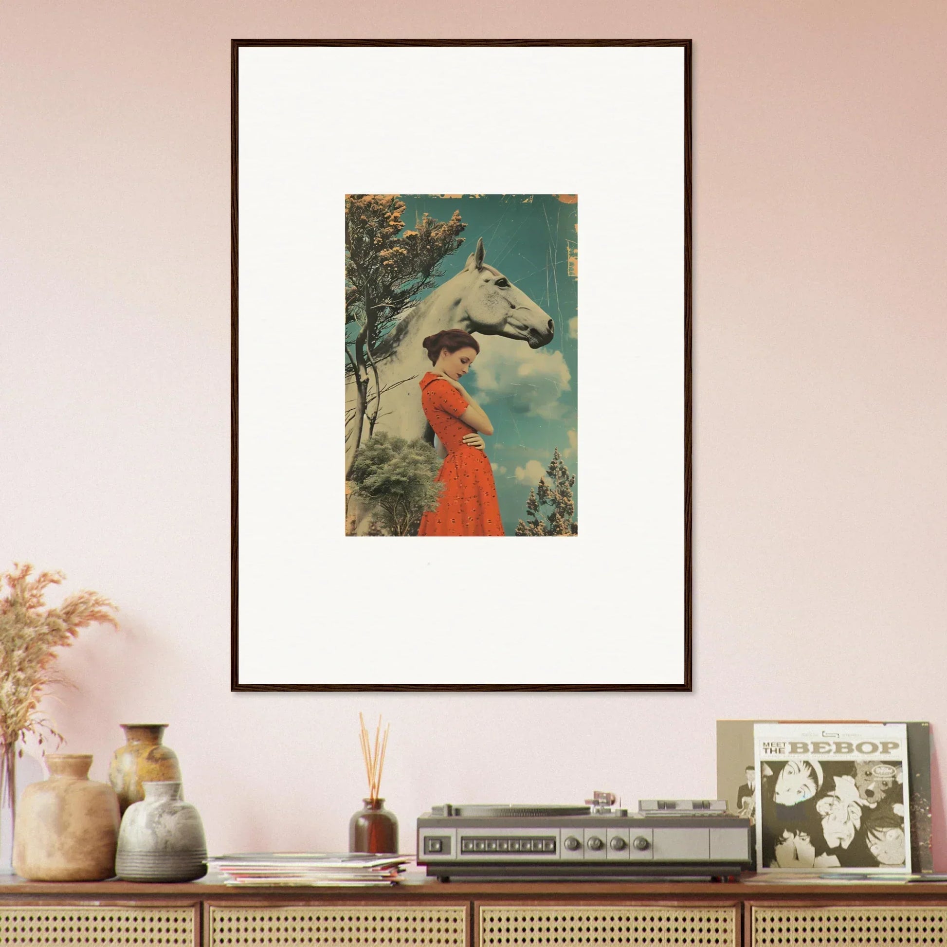Framed vintage photo of a woman in a red dress with a white horse, Nebulous Equus Whisper