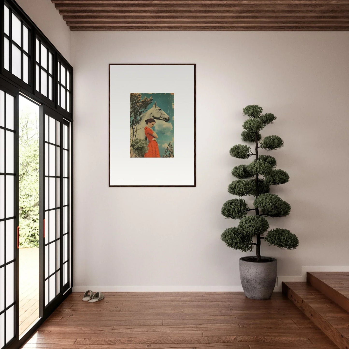 Framed artwork of a red figure with an umbrella, part of Nebulous Equus Whisper