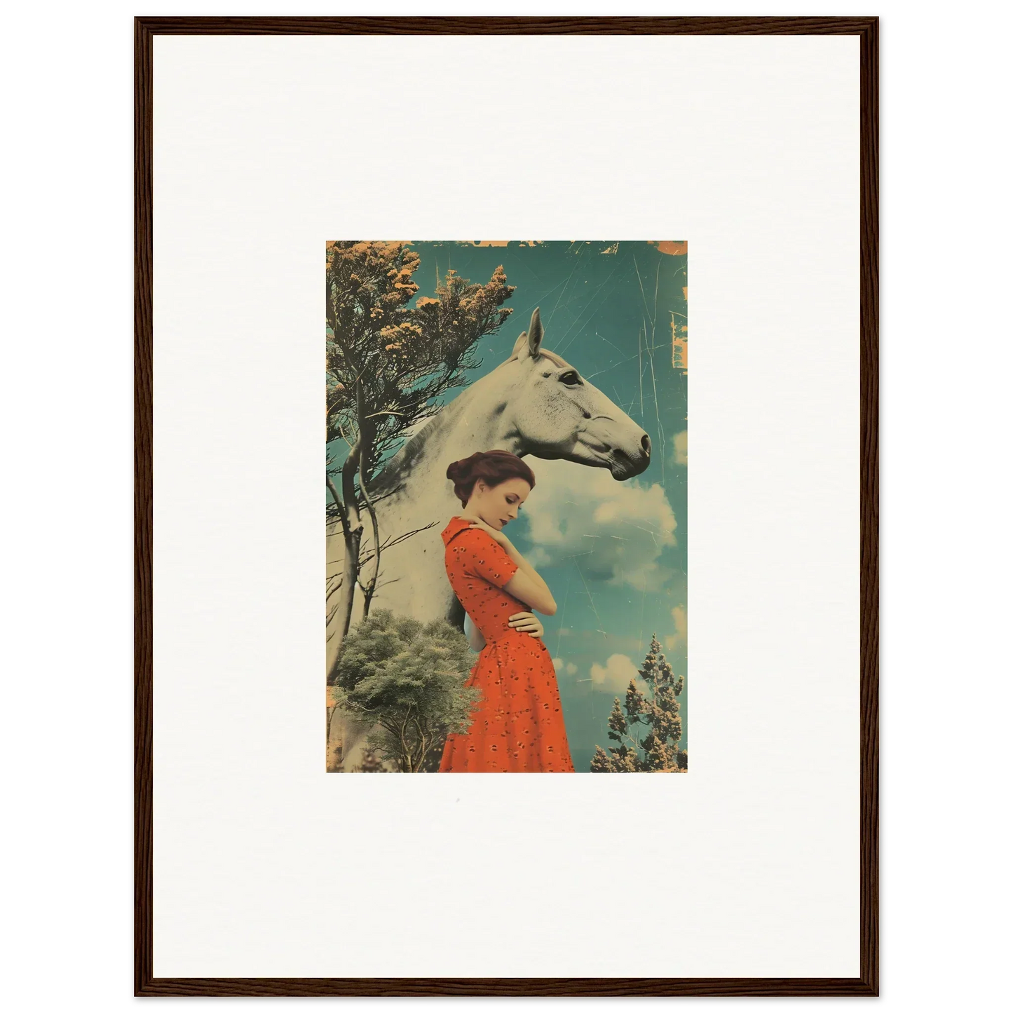 Framed vintage art of a woman in a red dress beside a white horse, Nebulous Equus Whisper