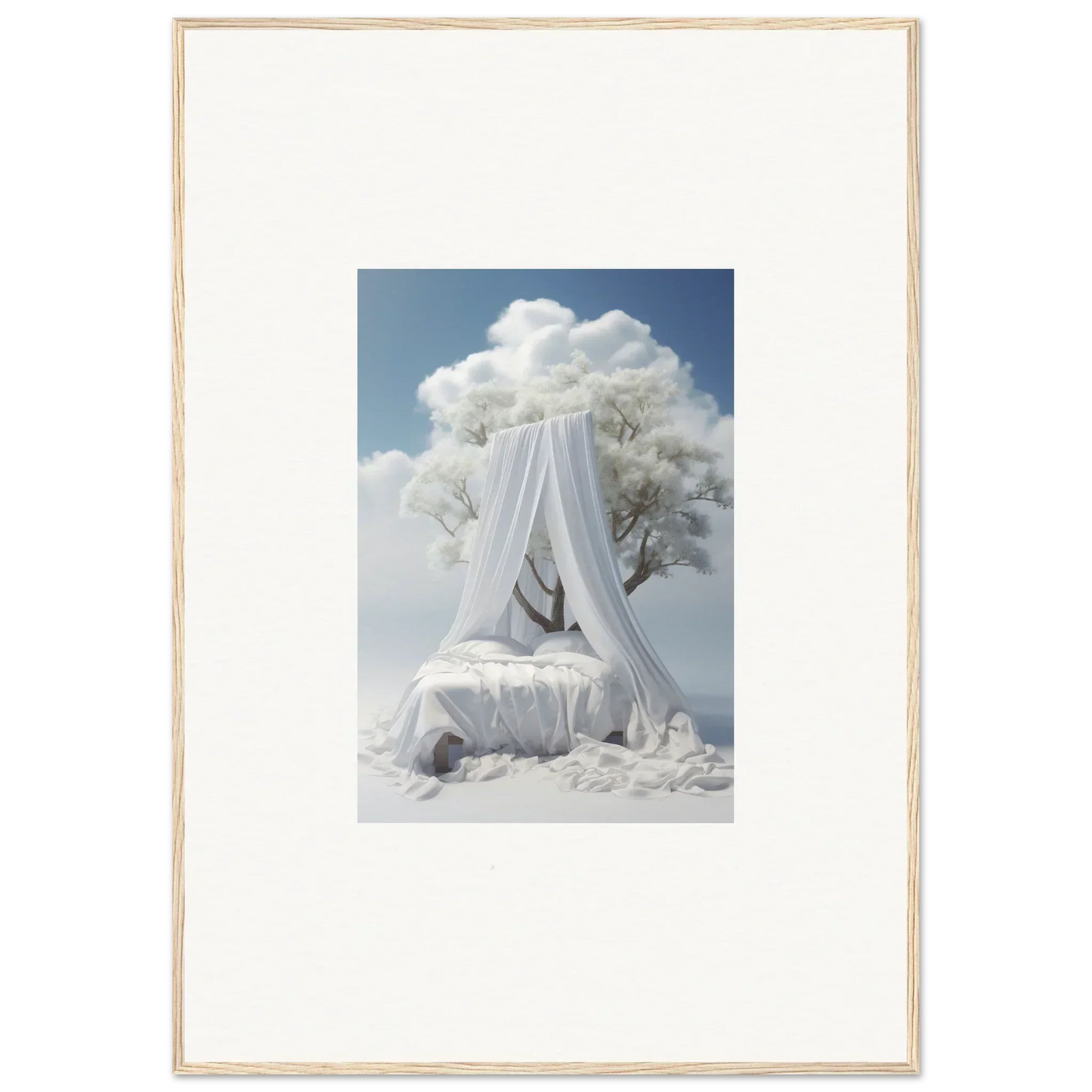 Canopied bed with white fabric and fluffy clouds, perfect for a dreamy room decoration