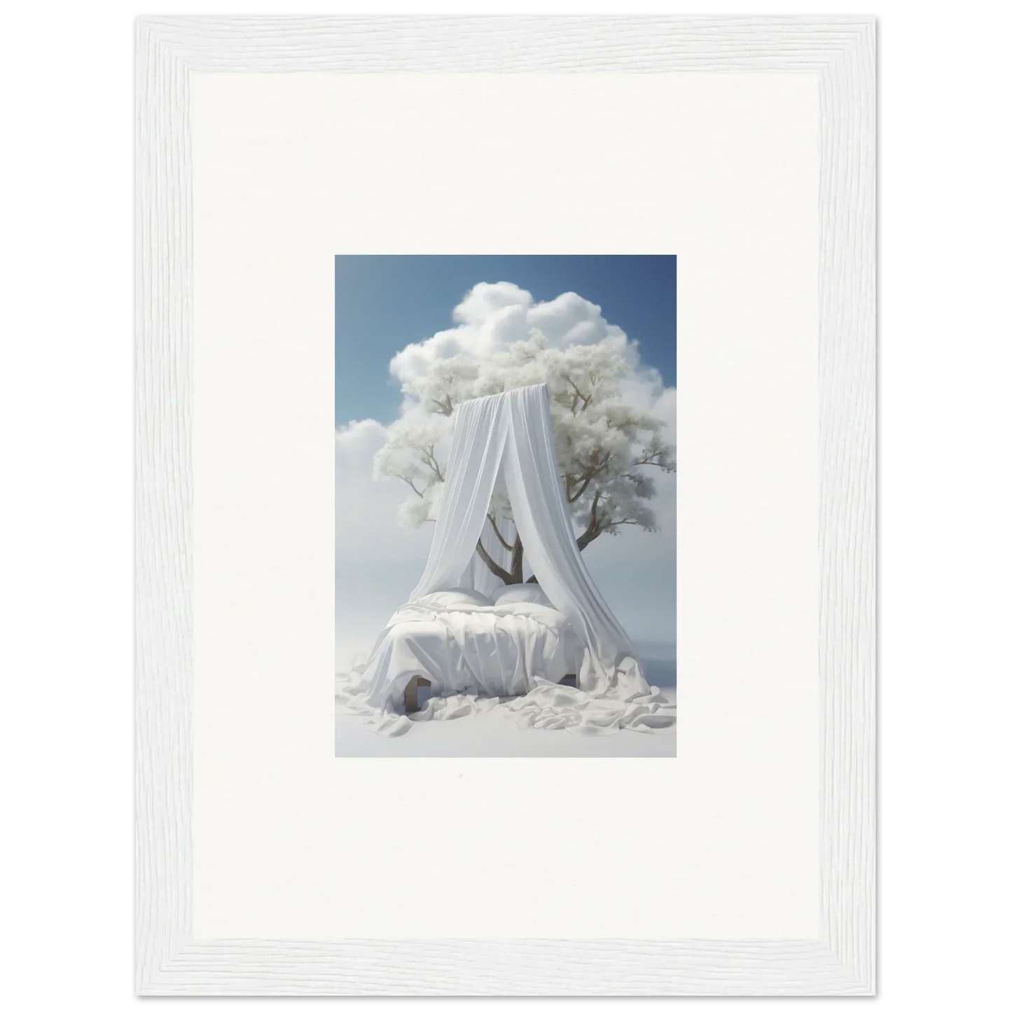 Cozy white canopy bed with dreamy fabrics for a serene room decoration vibe