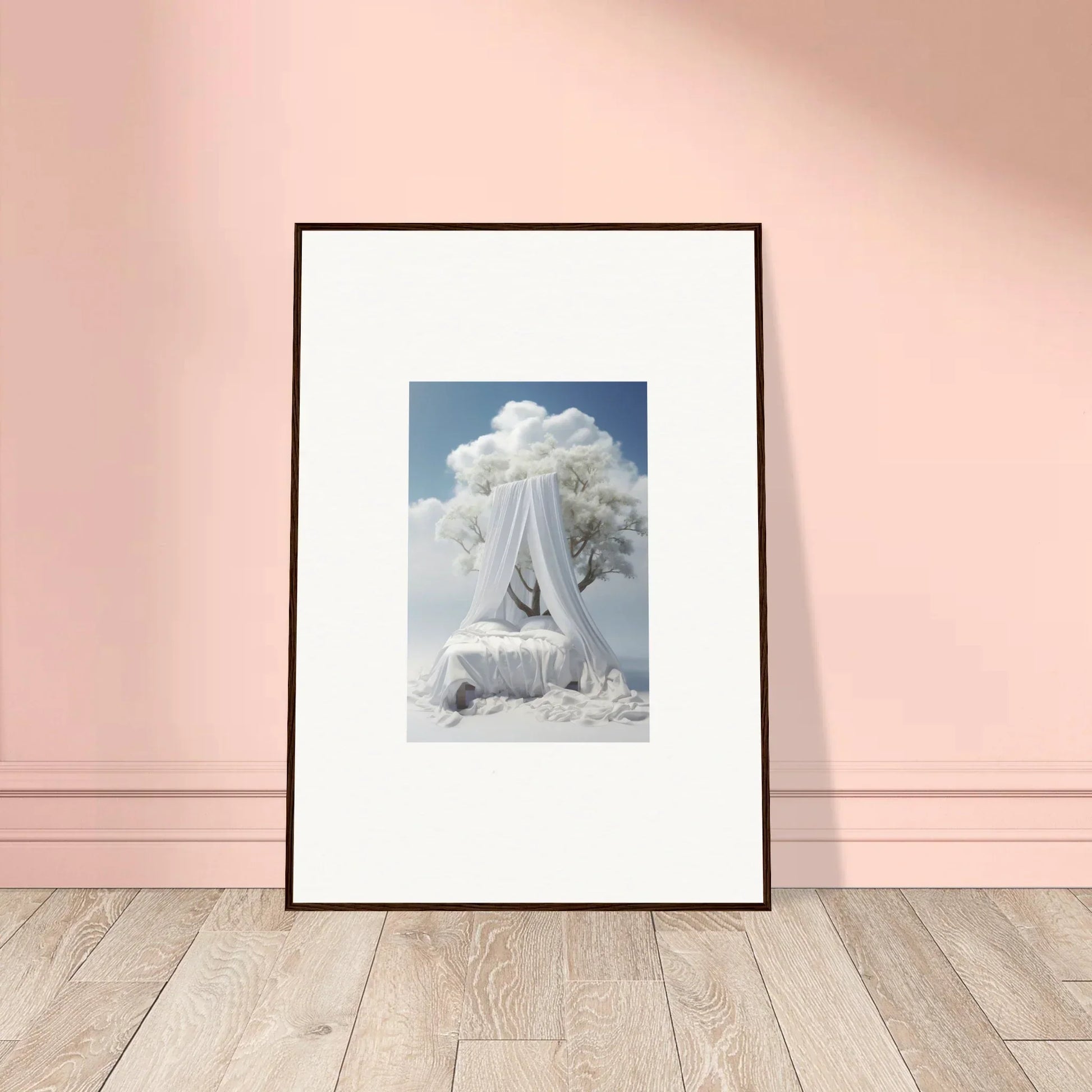 Framed photograph of a white sculpture with cloudy sky, perfect for room decoration