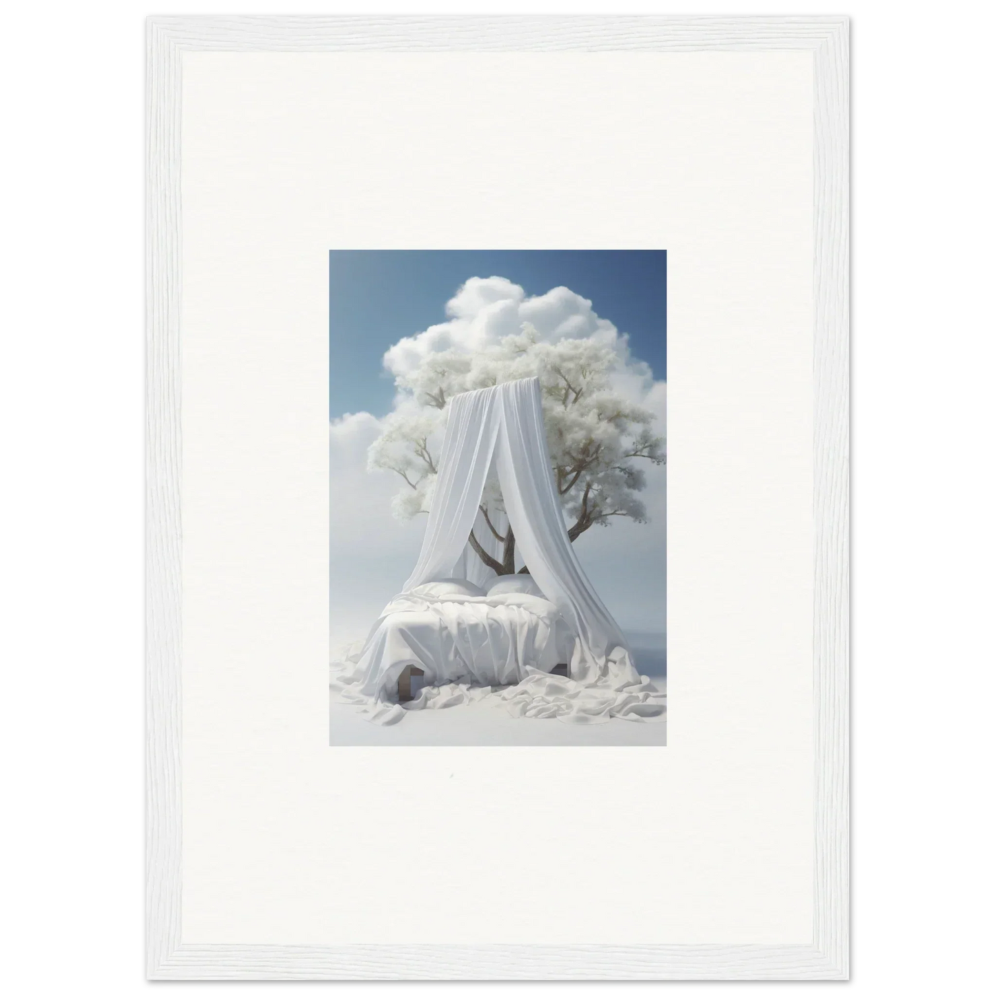 Canopy bed with white fabric and cloud-like decor for dreamy room decoration vibes