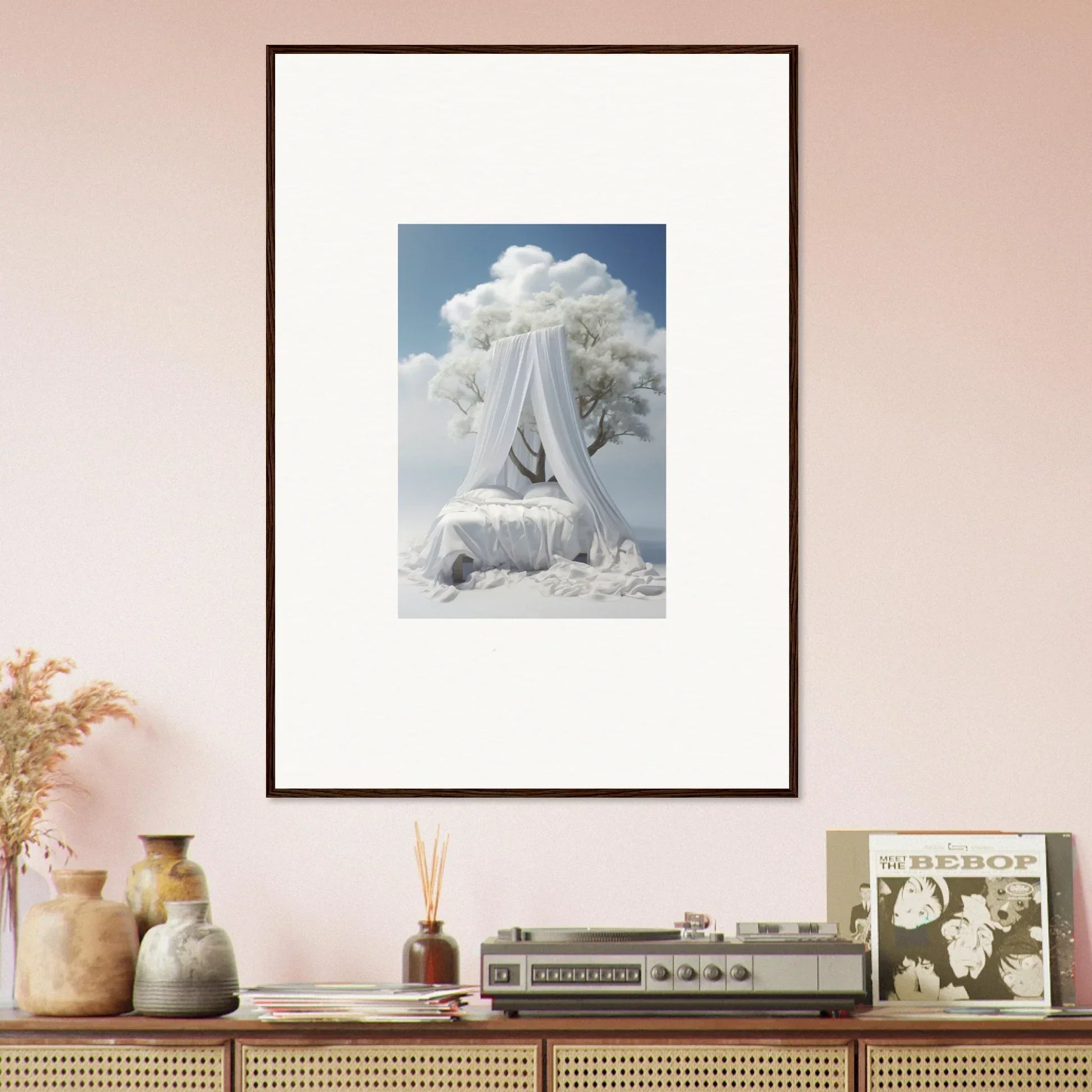 Framed canvas print of a snowy white canopy bed for dreamy room decoration