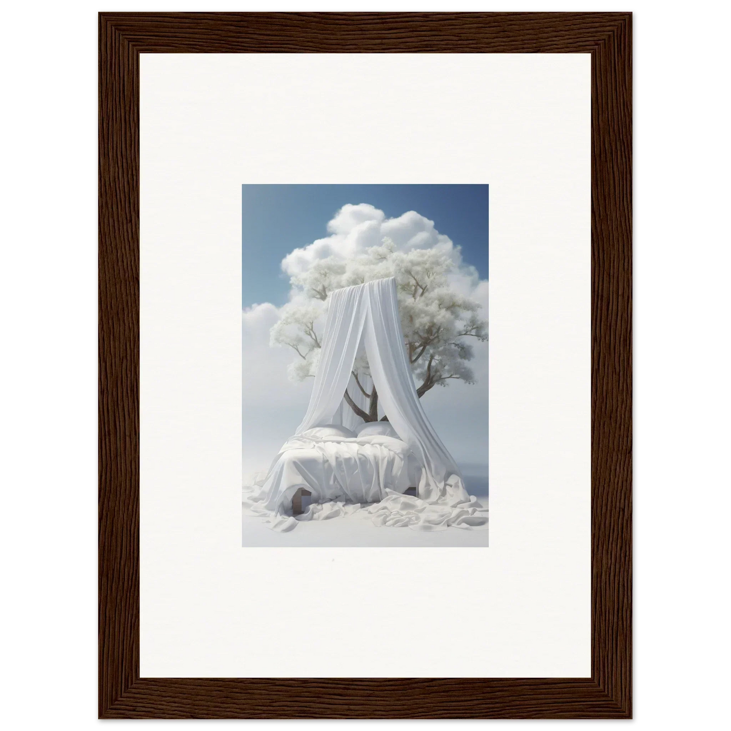 Canopied bed with white fabric and fluffy clouds for dreamy room decoration vibe