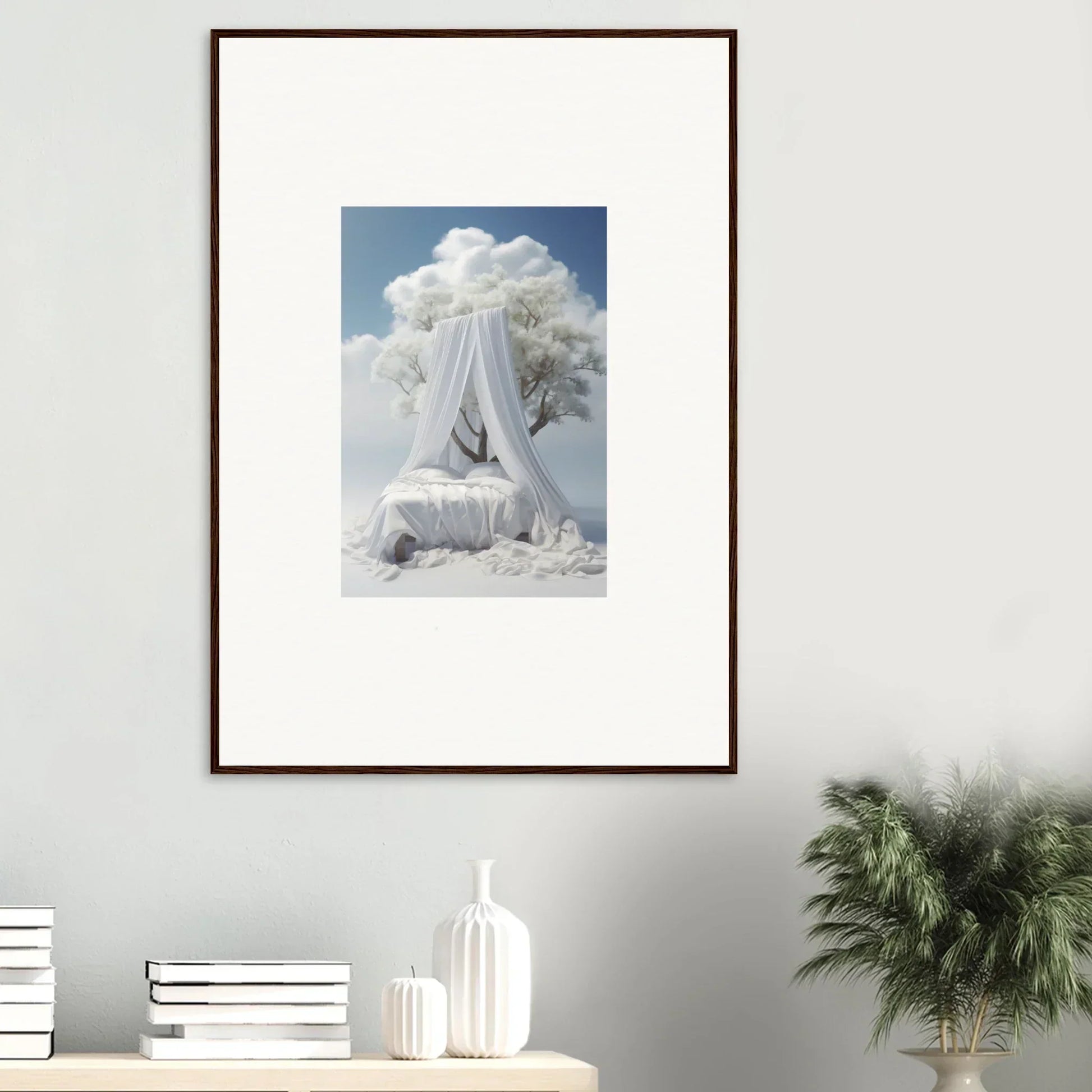 Framed canvas print of Nebulous Reverie Enfoldings, dreamy canopied bed in clouds for room decoration