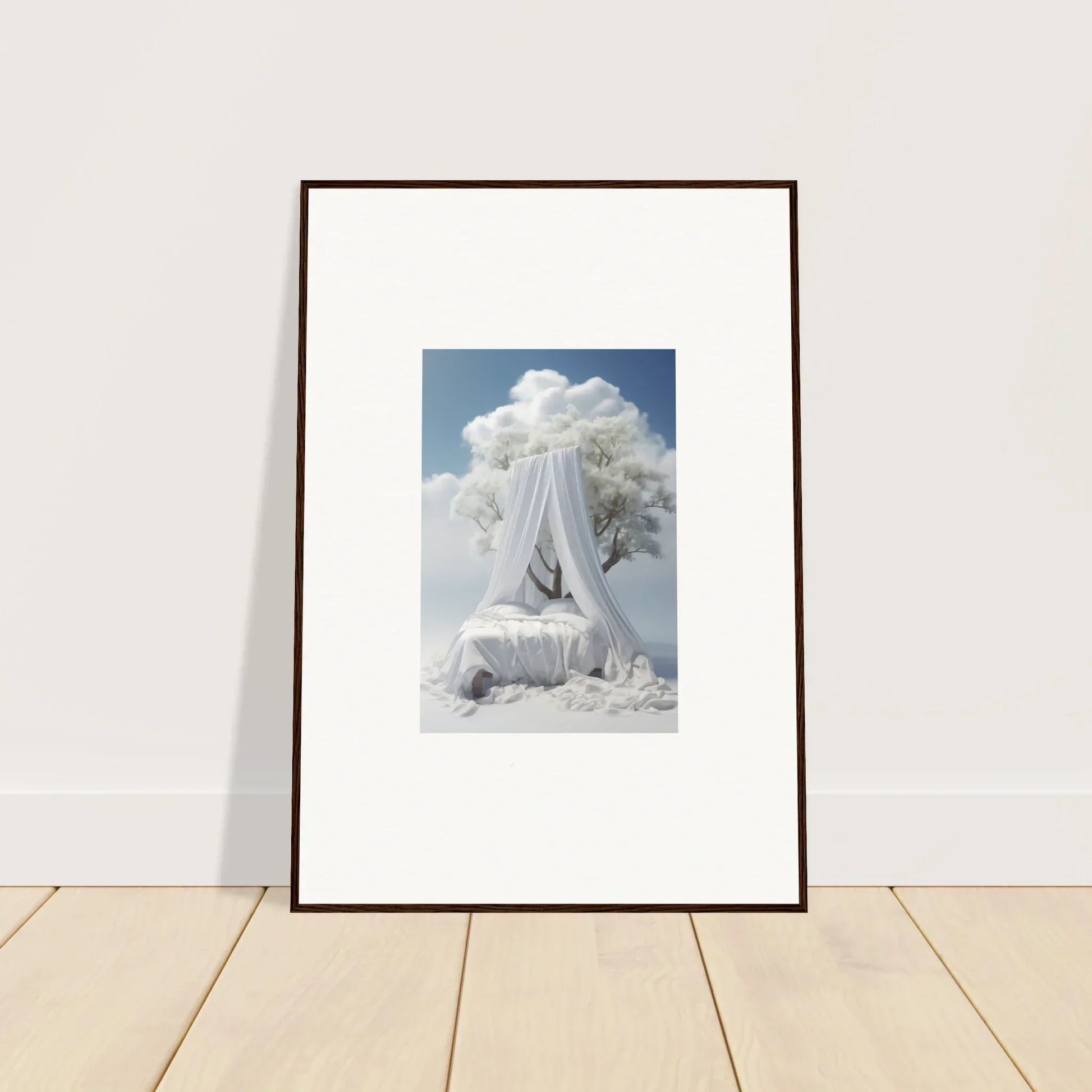 Framed canvas print of Nebulous Reverie Enfoldings with dreamy canopied bed art