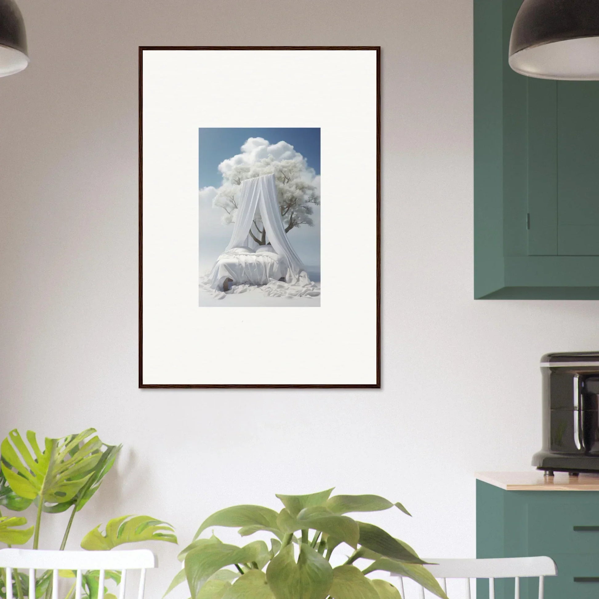 Framed canvas print of a white canopy bed under a dreamy cloudy sky, perfect room decoration