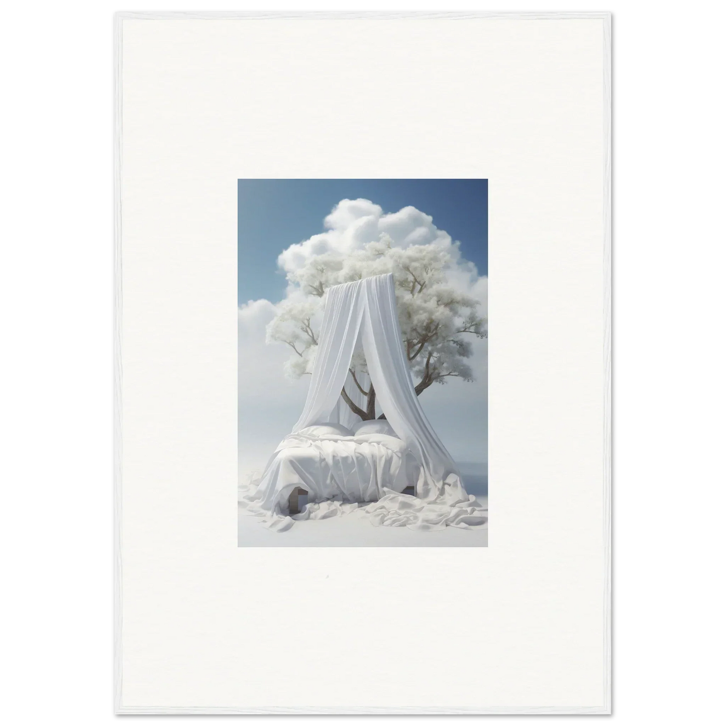 Ethereal white canopy bed with cloud-like decorations from Reverie Enfoldings for room decoration