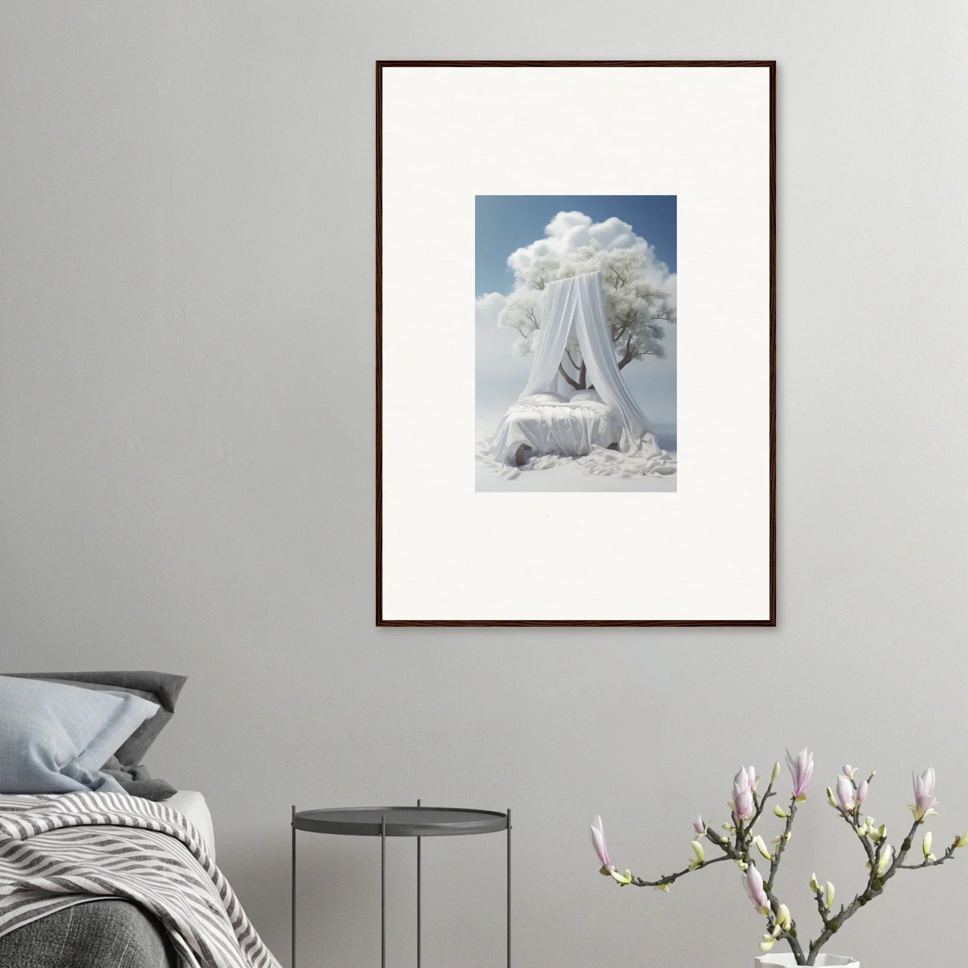 Framed canvas print of a dreamy white canopy bed, perfect for room decoration in Reverie Enfoldings