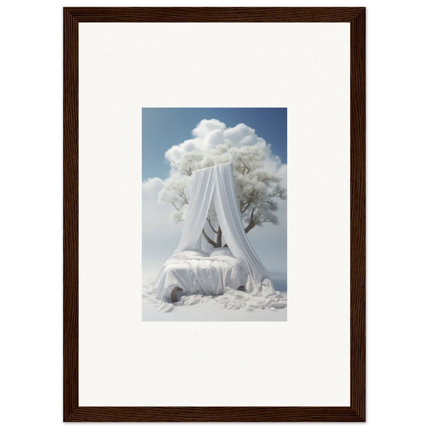 Canopy bed with white fabric and cloud formations, perfect for Reverie Enfoldings decor