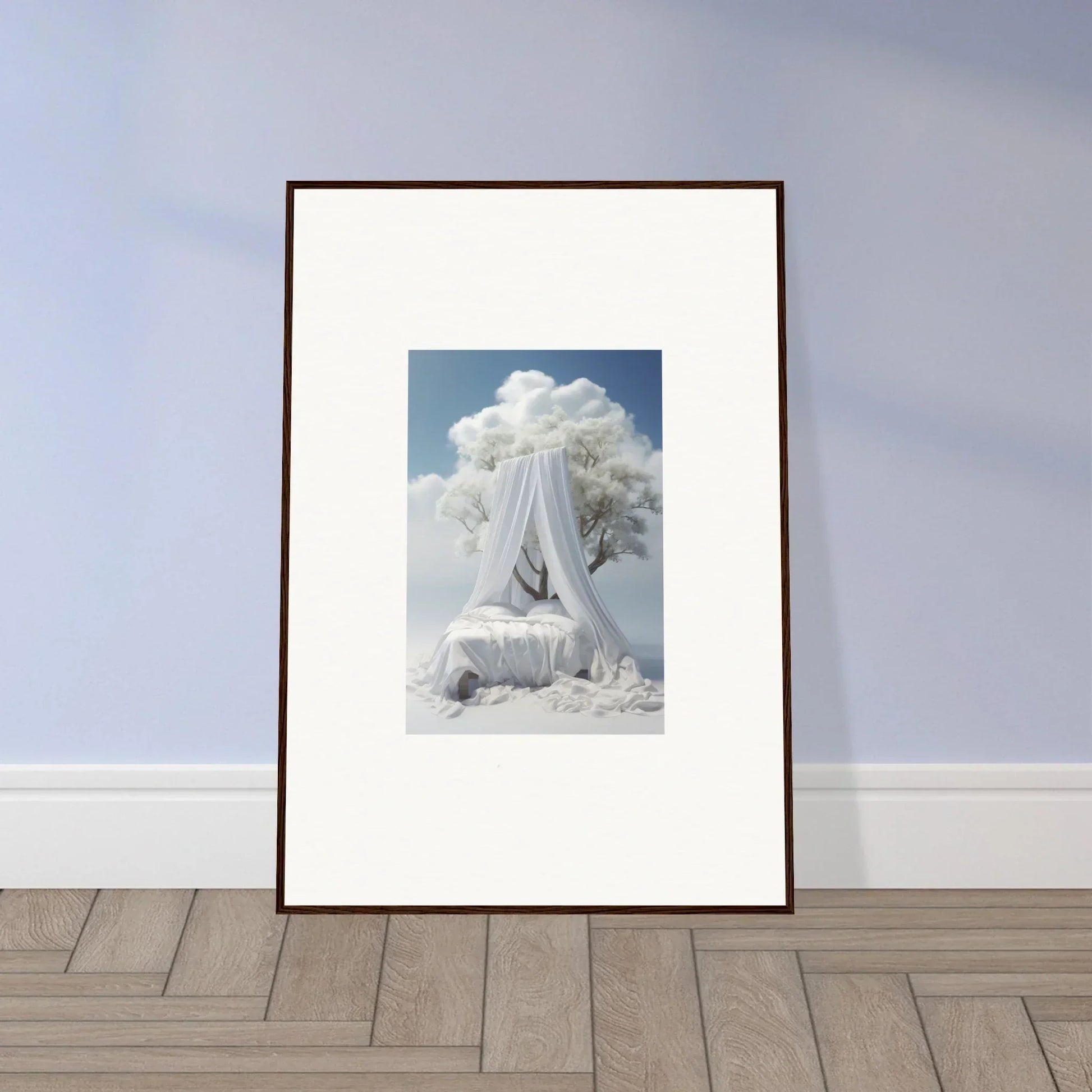 Framed canvas print of a dreamy white canopy bed in clouds for room decoration