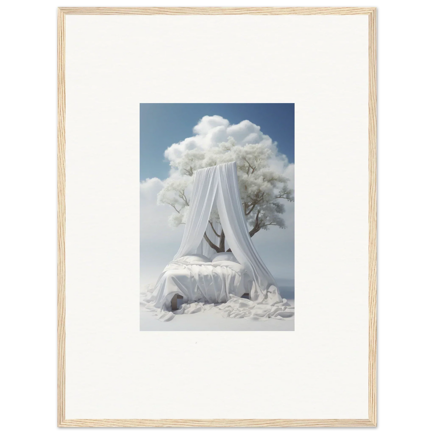 Canopied bed with white fabric, perfect for a dreamy room decoration vibe