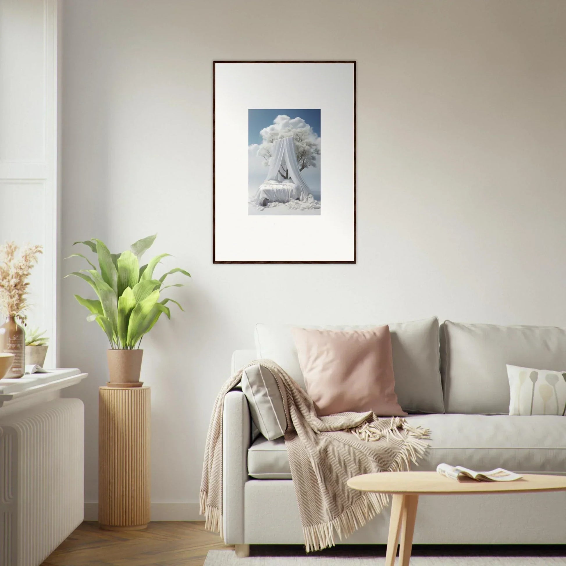 Framed canvas print of a white horse in a cloudy sky for room decoration, Reverie Enfoldings