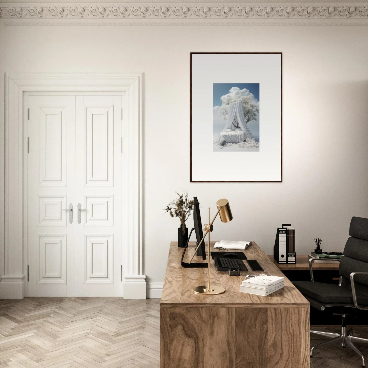 Wooden desk with typewriter and books in a minimalist workspace for reverie enfoldings