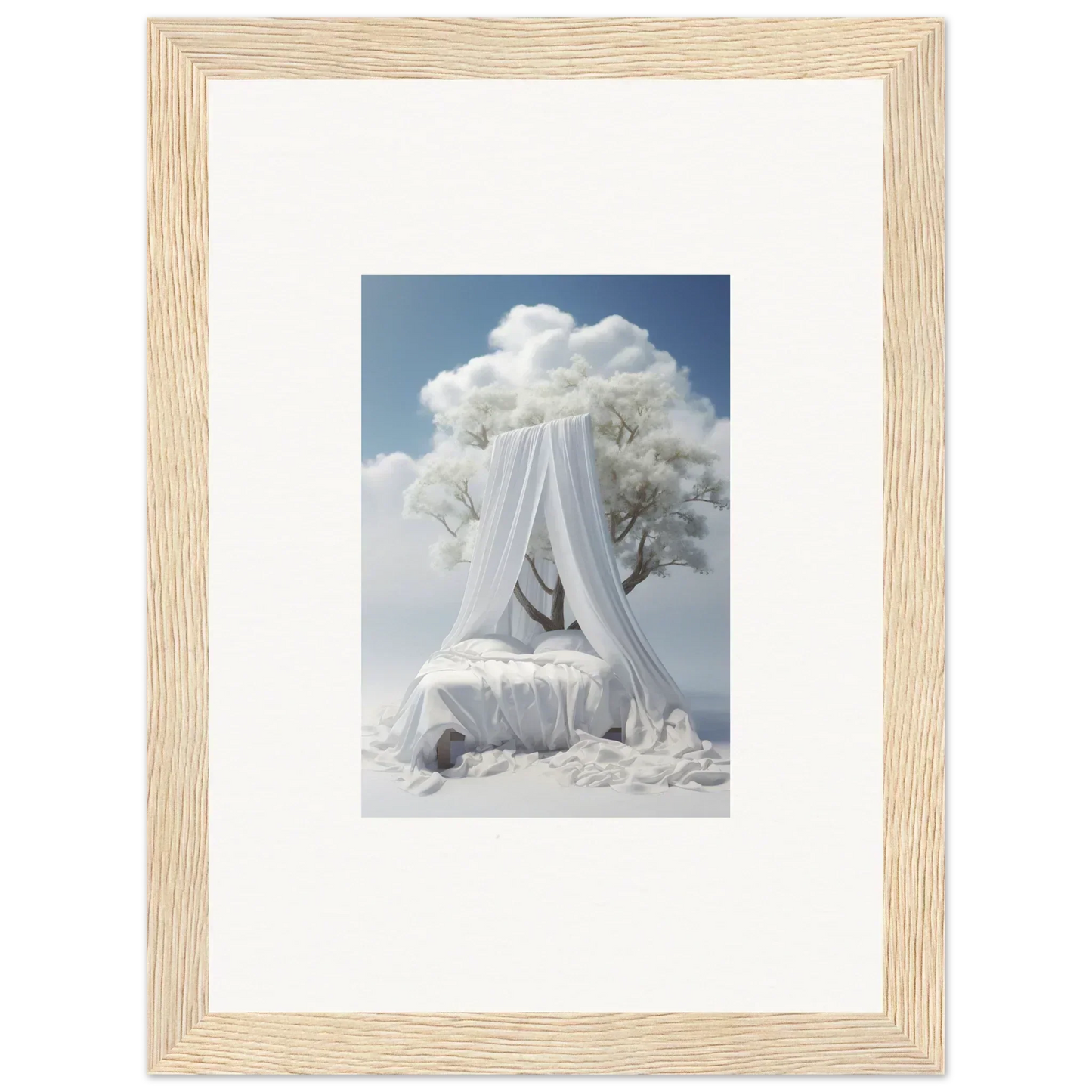 Whimsical cloud canopy bed framed print for dreamy room decoration and reverie enfoldings