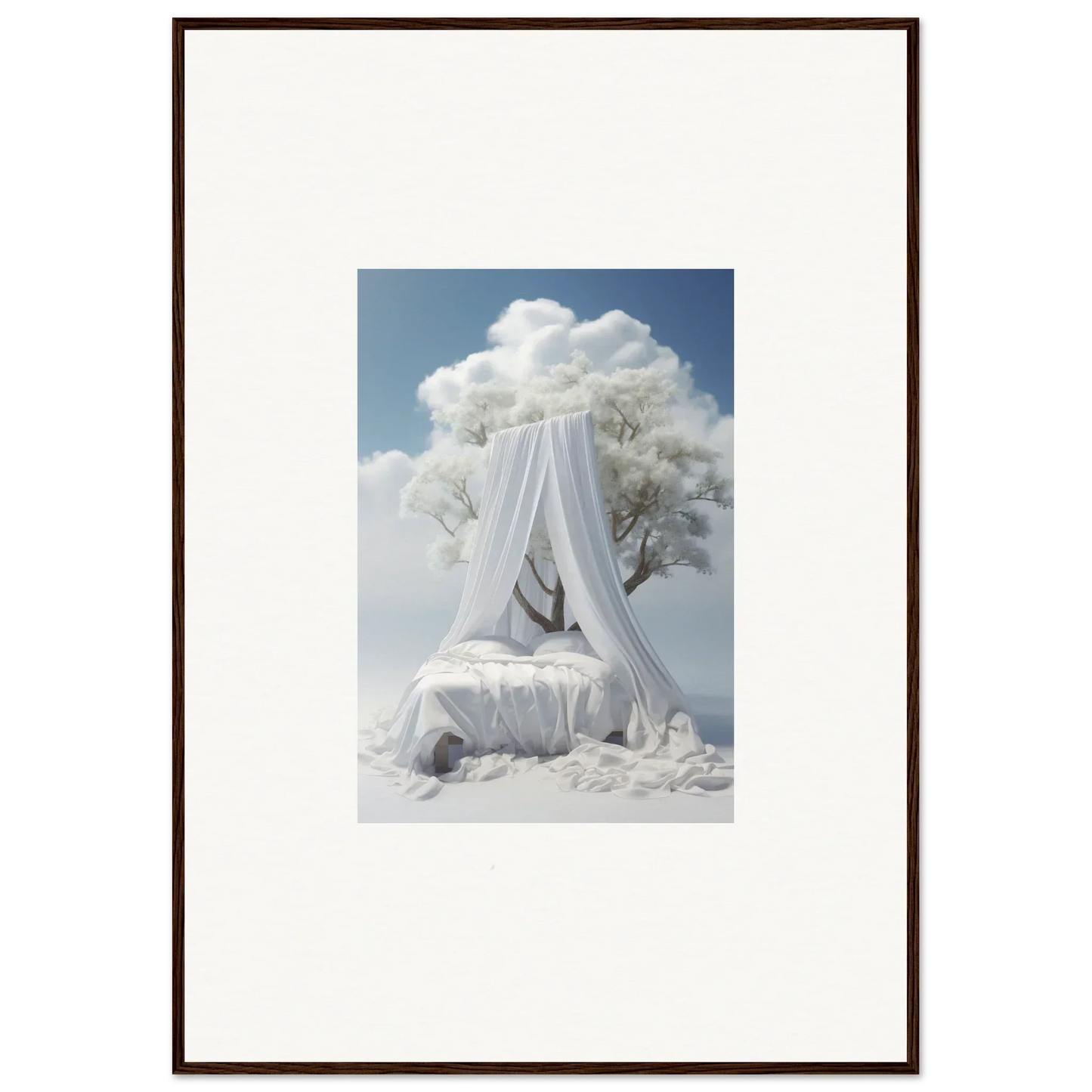 Canopied bed with white drapes and cloud decor from Nebulous Reverie Enfoldings