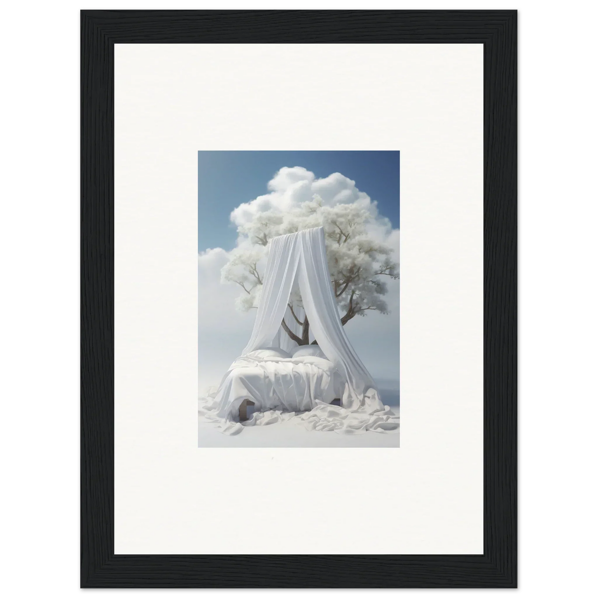 Canopy bed with white drapes and fluffy clouds for dreamy room decoration, Nebulous Reverie Enfoldings