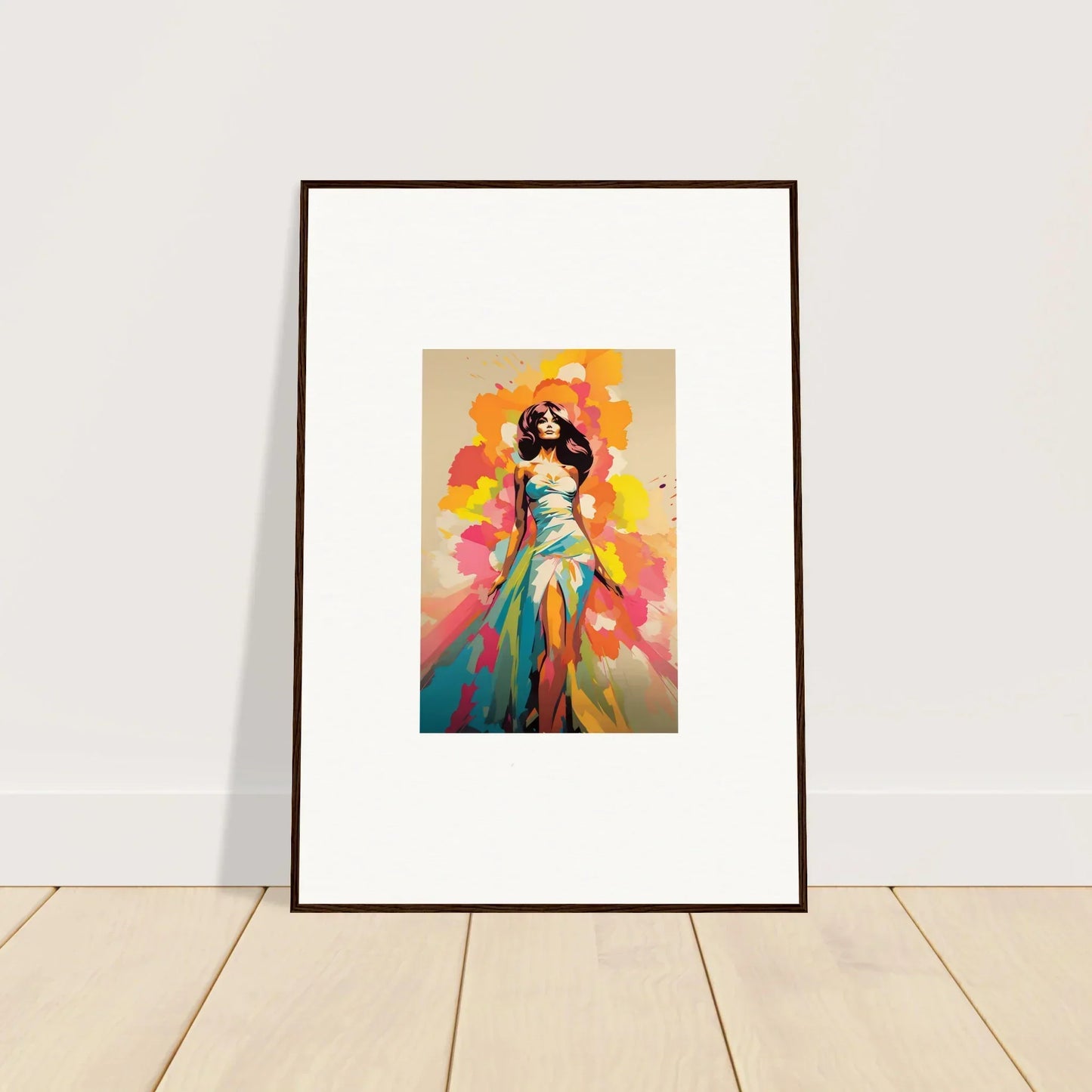 Framed Nectar Dreampapillonsexus art of a figure in a turquoise dress with vibrant backgrounds