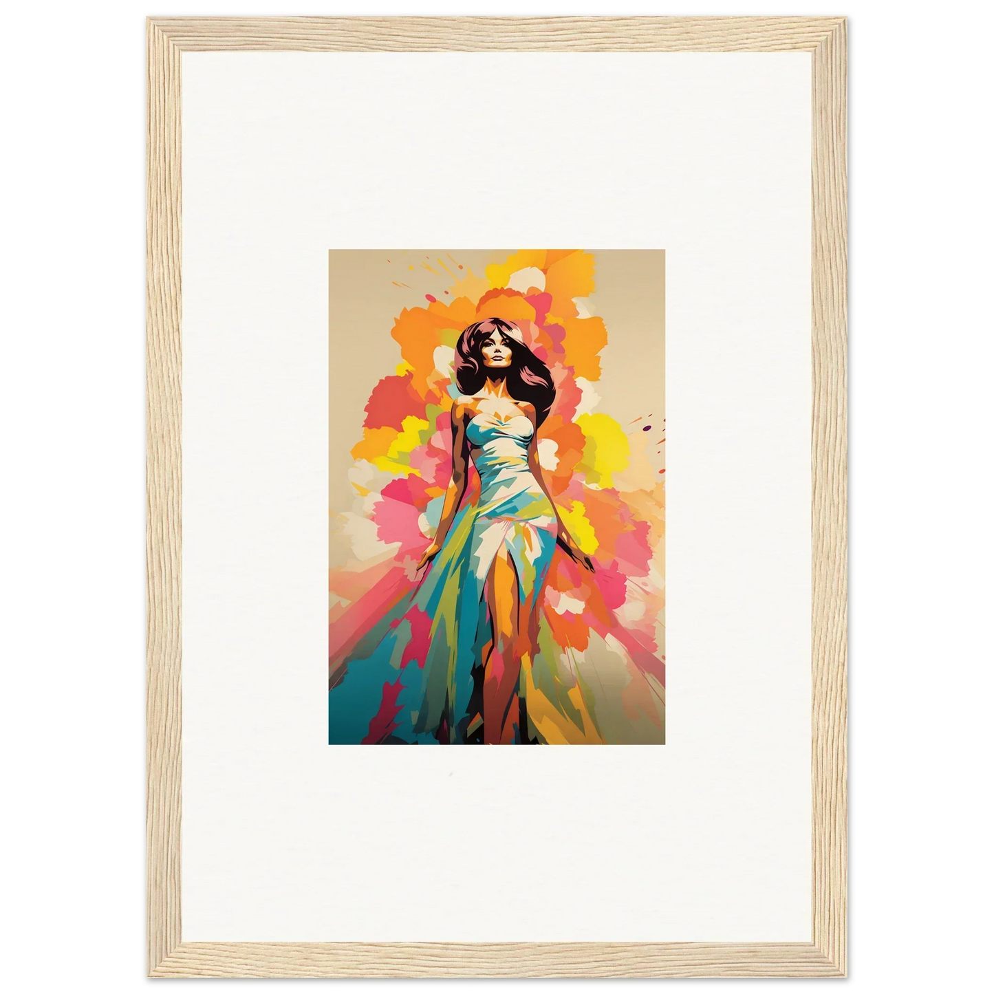 Framed artwork of a figure in a turquoise gown with vibrant colors, Nectar Dreampapillonsexus