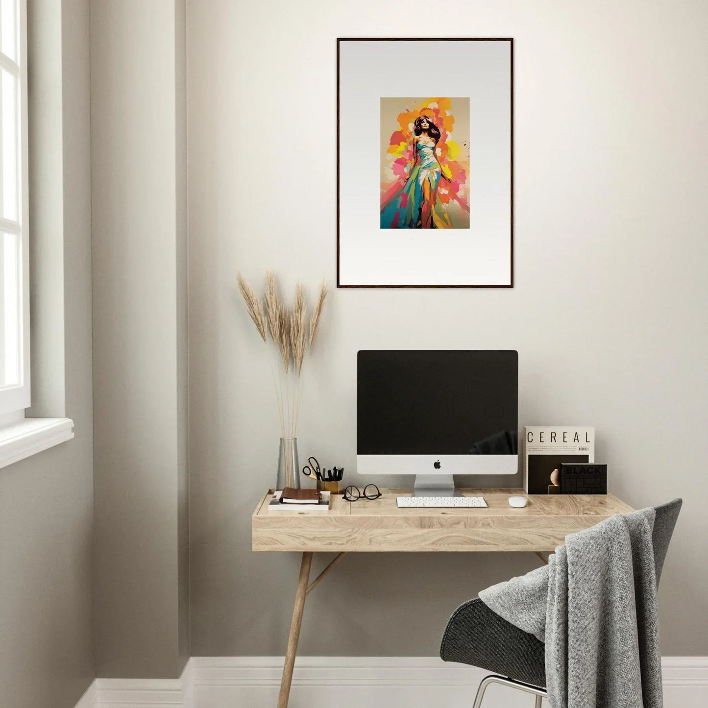 Minimalist workspace featuring an iMac on a wooden desk with Nectar Dreampapillonsexus art