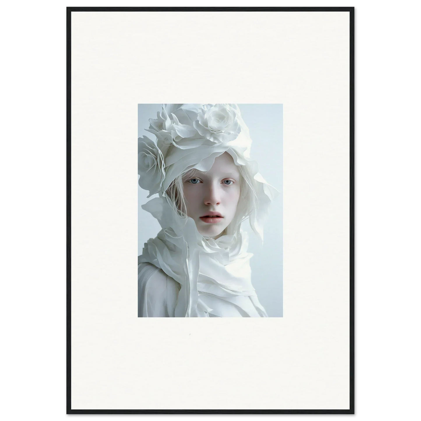 Portrait of a person with pale features in a white floral headdress for wall art