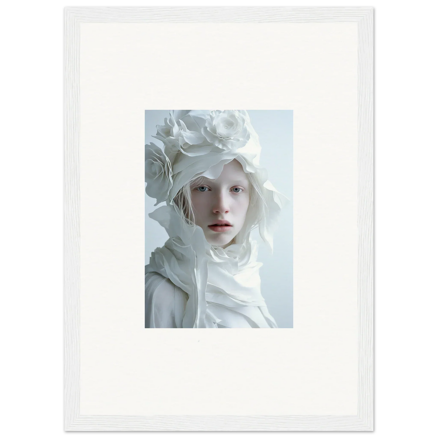 Portrait of a person with pale features in a floral headdress, perfect for room decor