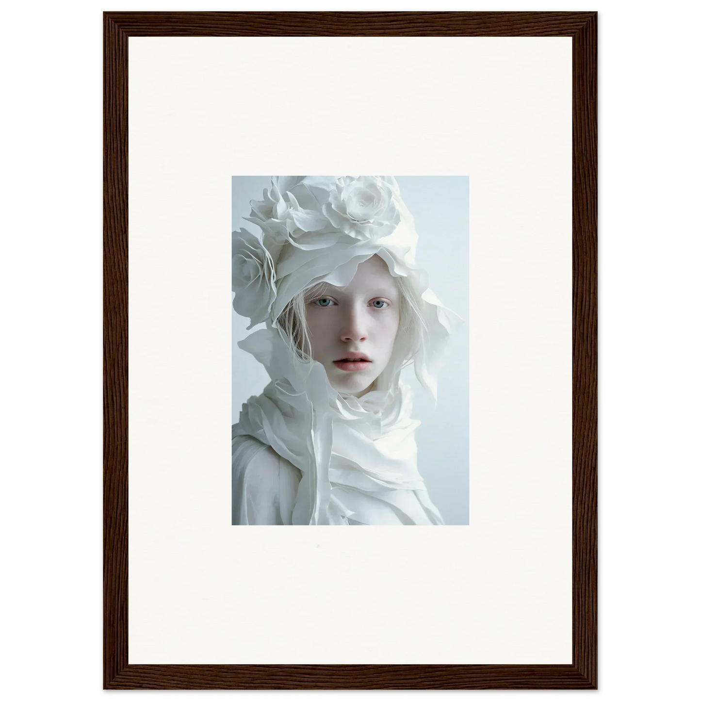 Portrait of a person with pale features in white floral attire for canvas prints