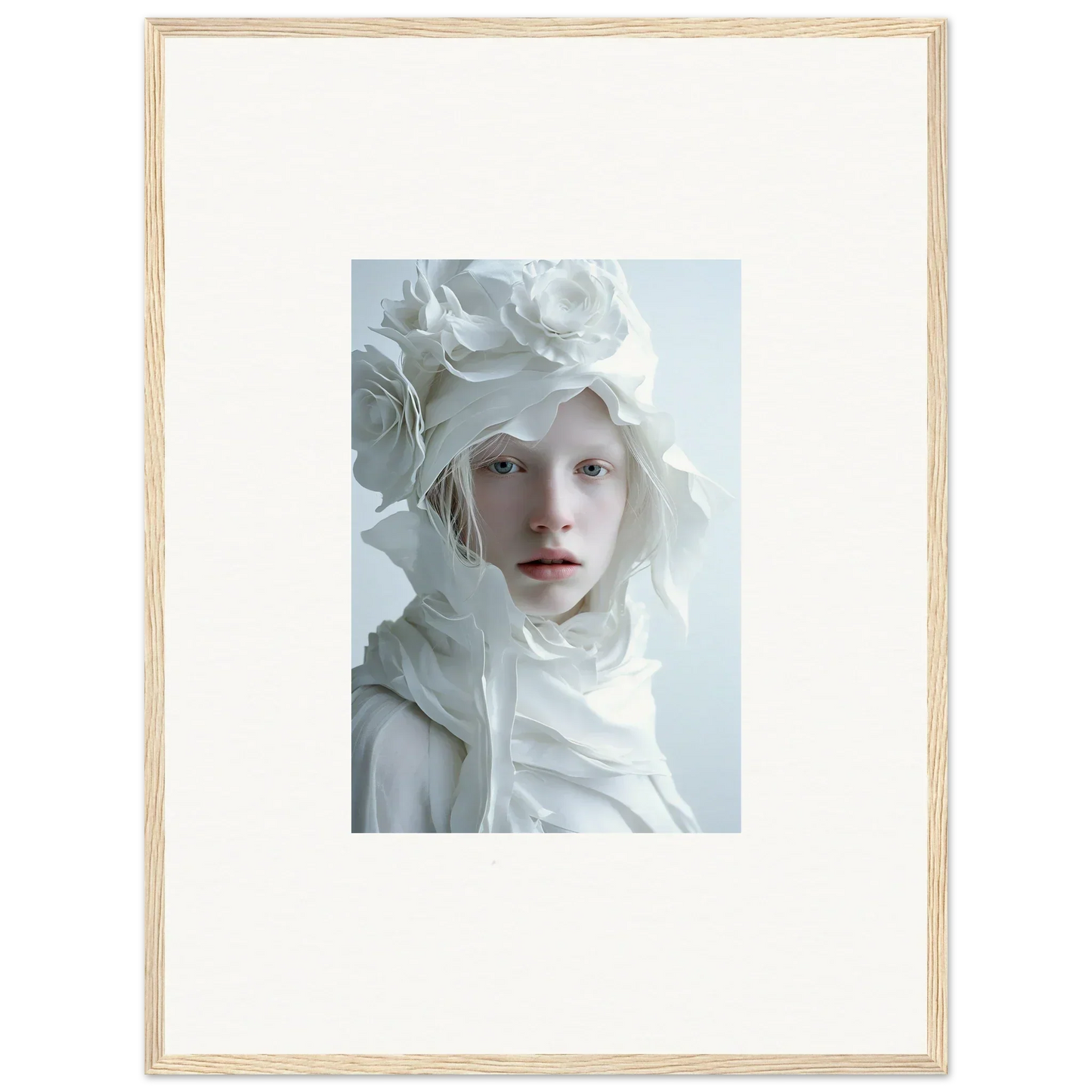 Framed portrait of a pale-featured person in floral attire for elegant room decor