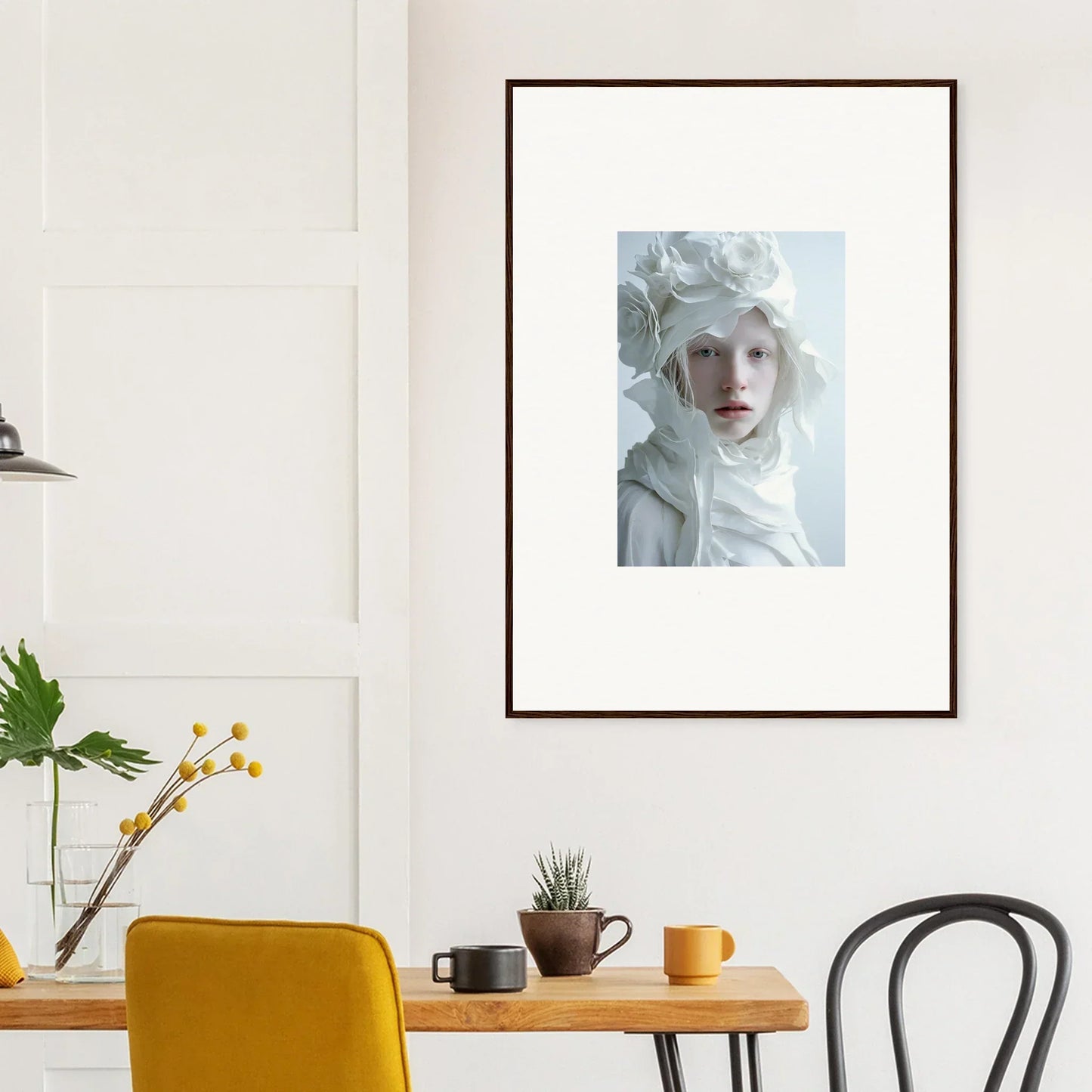 Framed portrait photograph of a person with pale features for stylish room decor