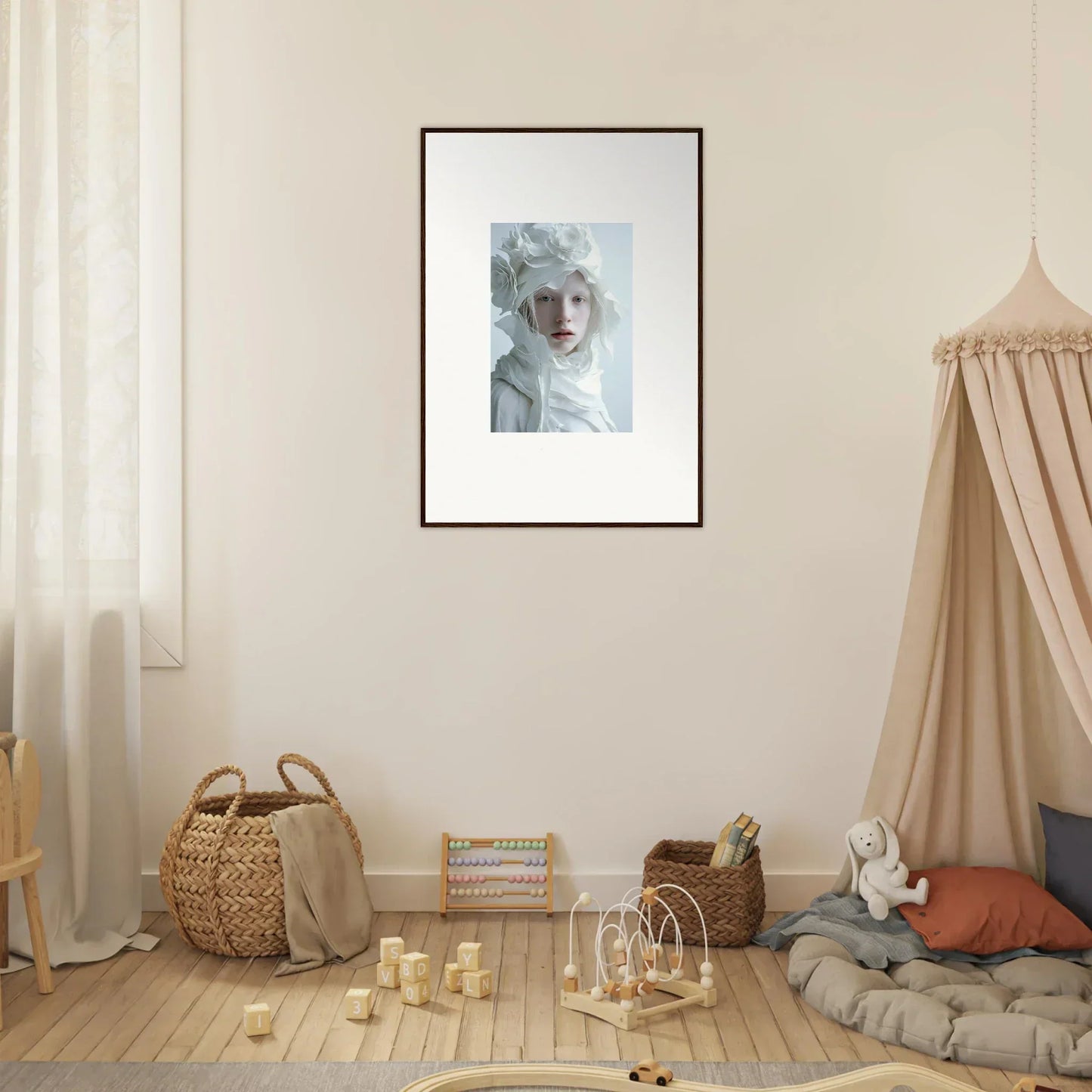 Framed portrait photograph of a person in white, perfect for room decor or wall art