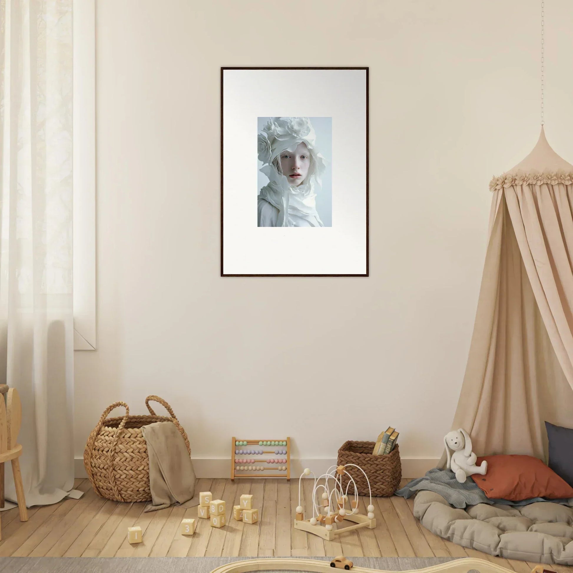 Framed portrait photograph of a person in white, perfect for room decor or wall art